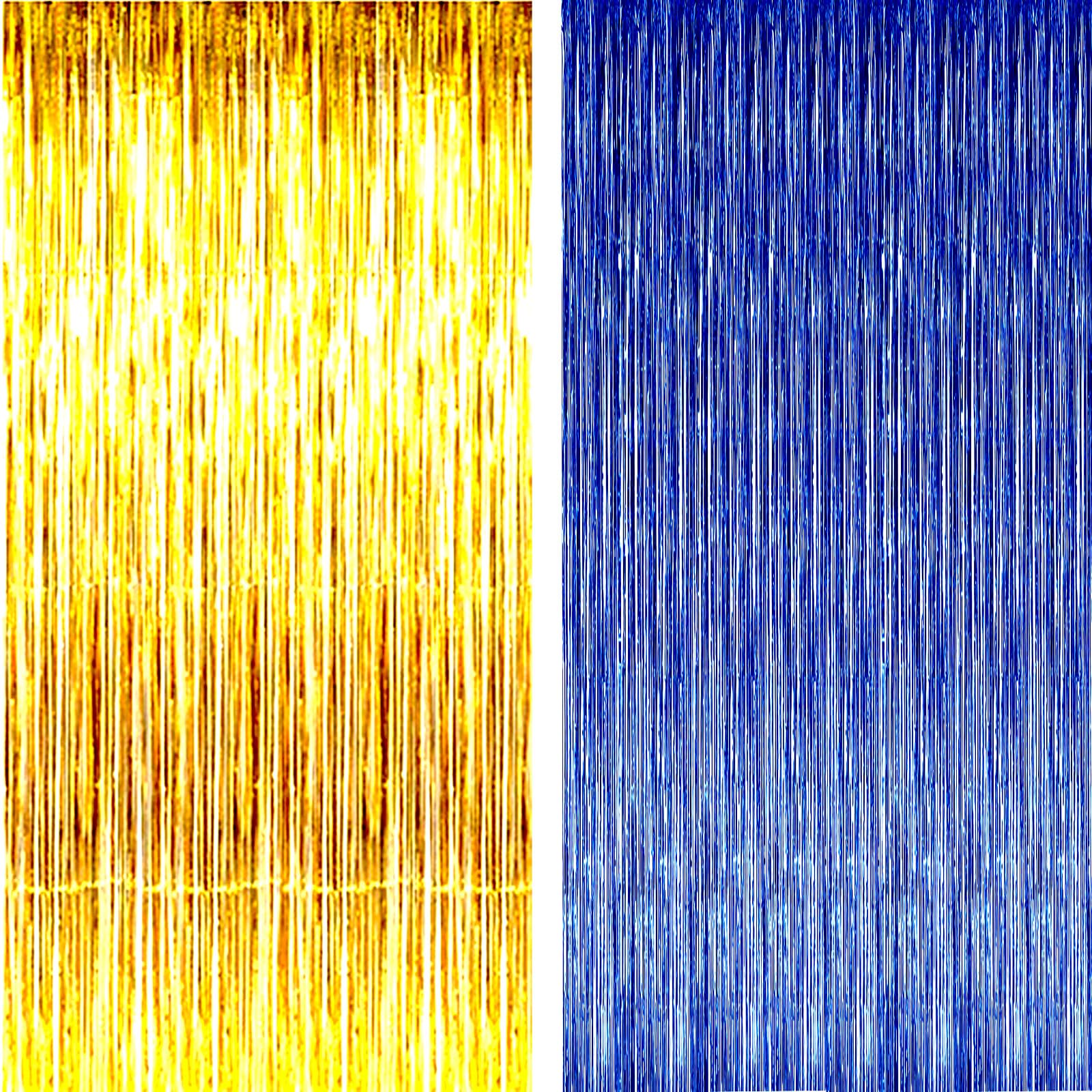 AILEXI 2 Pack 3ft*8ft Party Supplies Foil Fringe Shimmer Curtains, Door Window Decorations Streamers or Wall Backdrop Tinsels - DarkBlue Gold