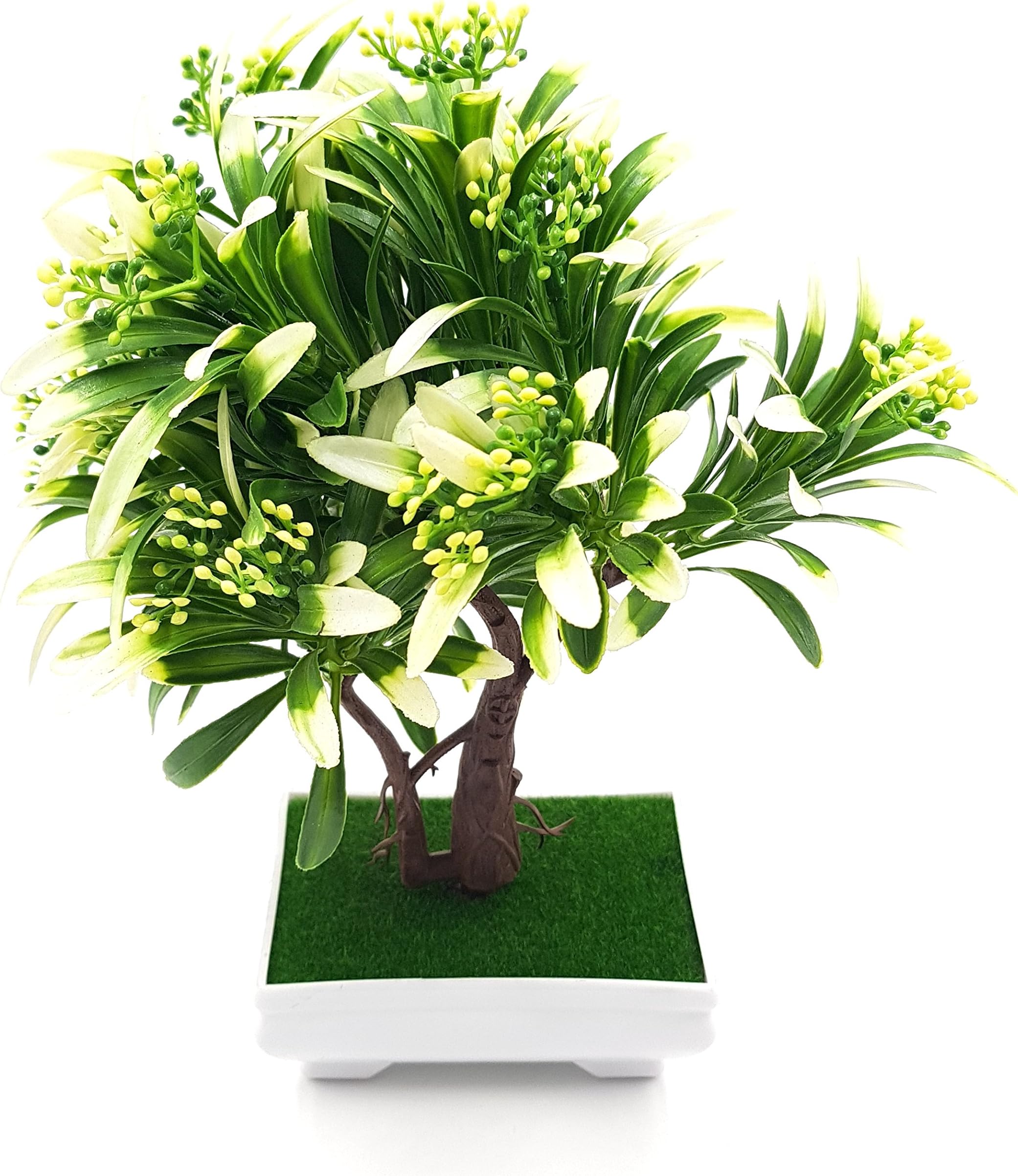 24x7eMall Artificial Bonsai Dwarf Tree with Plastic Pot (Green And White)