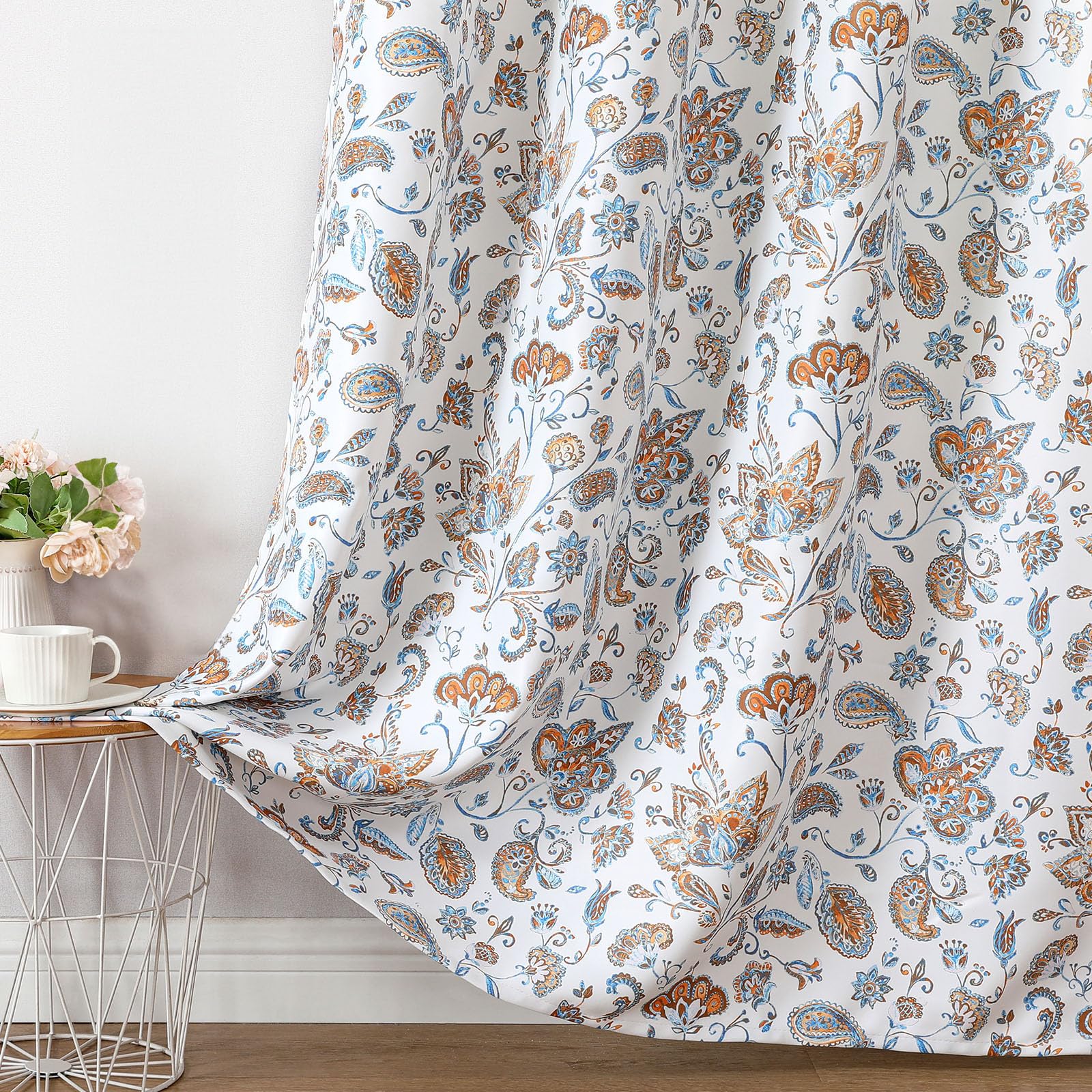 Joydeco Printed Curtains 96 inches Long,Yellow Floral Blackout Curtains for Living Room 2 Panels,52 x 96 inch Rod Pocket Thermal Insulated Bohemian Drapes for Farmhouse,Bedroom,White Image