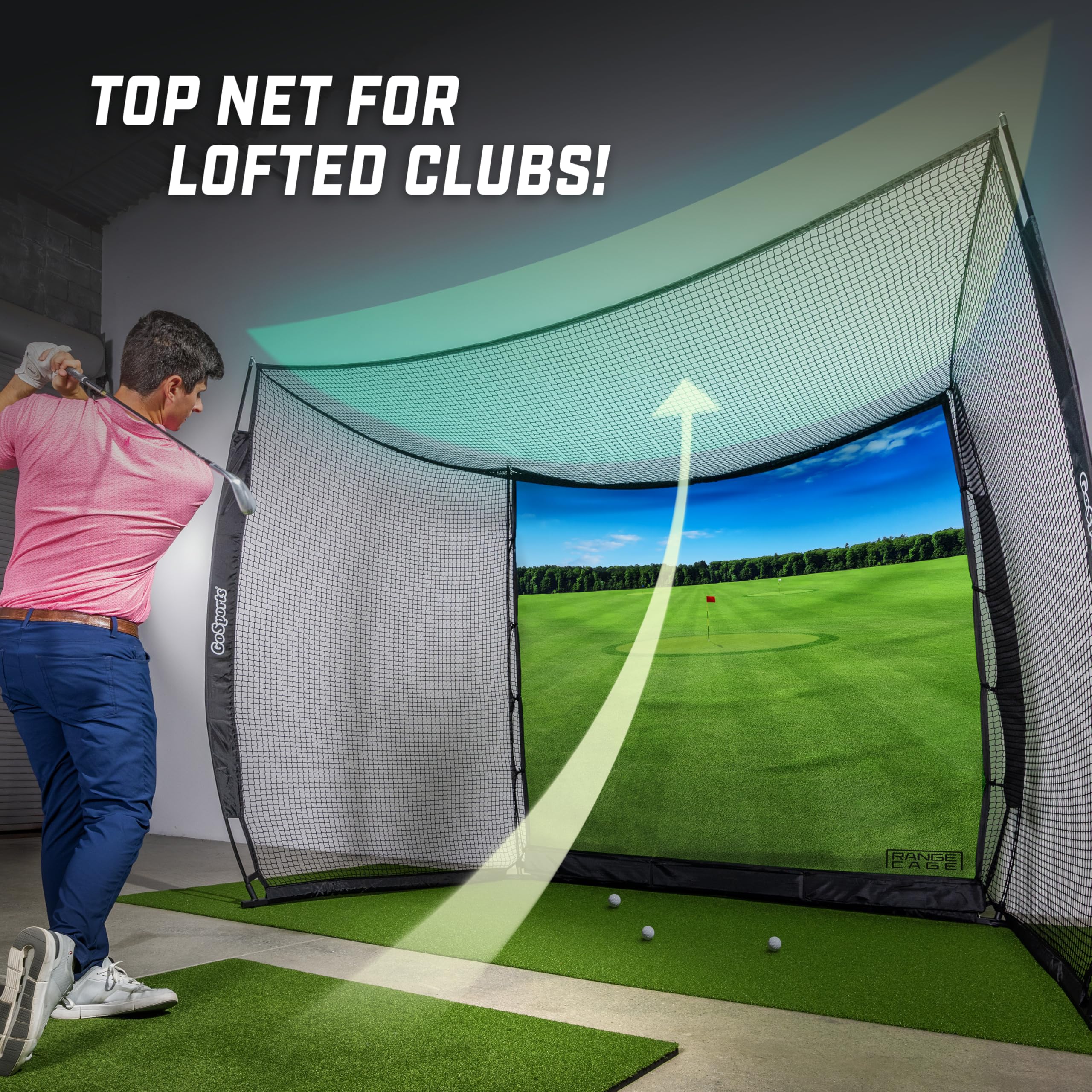 GoSports Range Cage 10 x 8 ft Golf Practice Hitting Net - Choose Between Printed Graphics Impact Screen, Blank Simulator Screen, or Classic Net