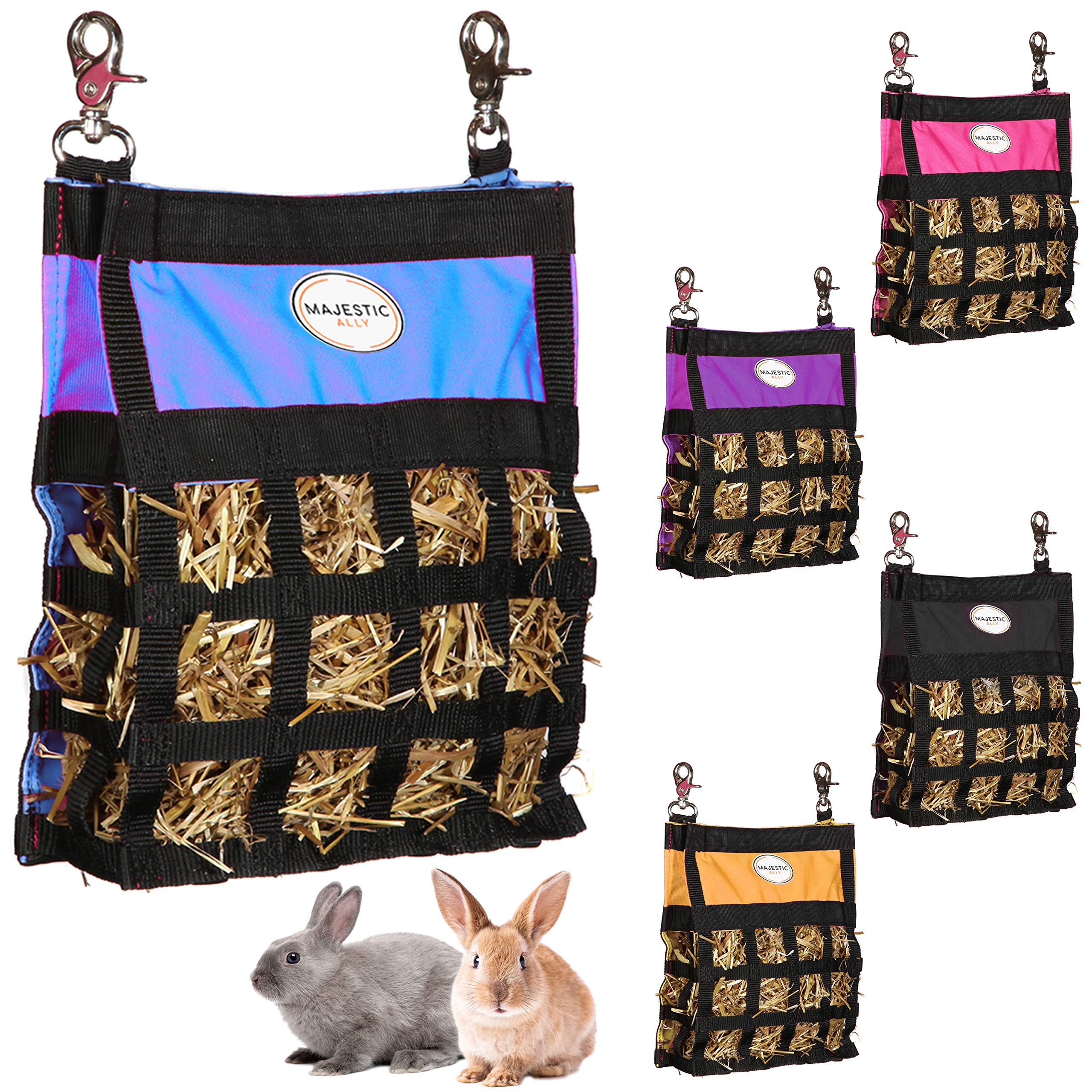Majestic Ally Guinea Pig & Rabbit Hay Feeder – Premium Quality Highly Durable Nylon – Three Side Open Slow Feed Hay Bag for Small Animals – 5 Lovely Colors (Light Blue)