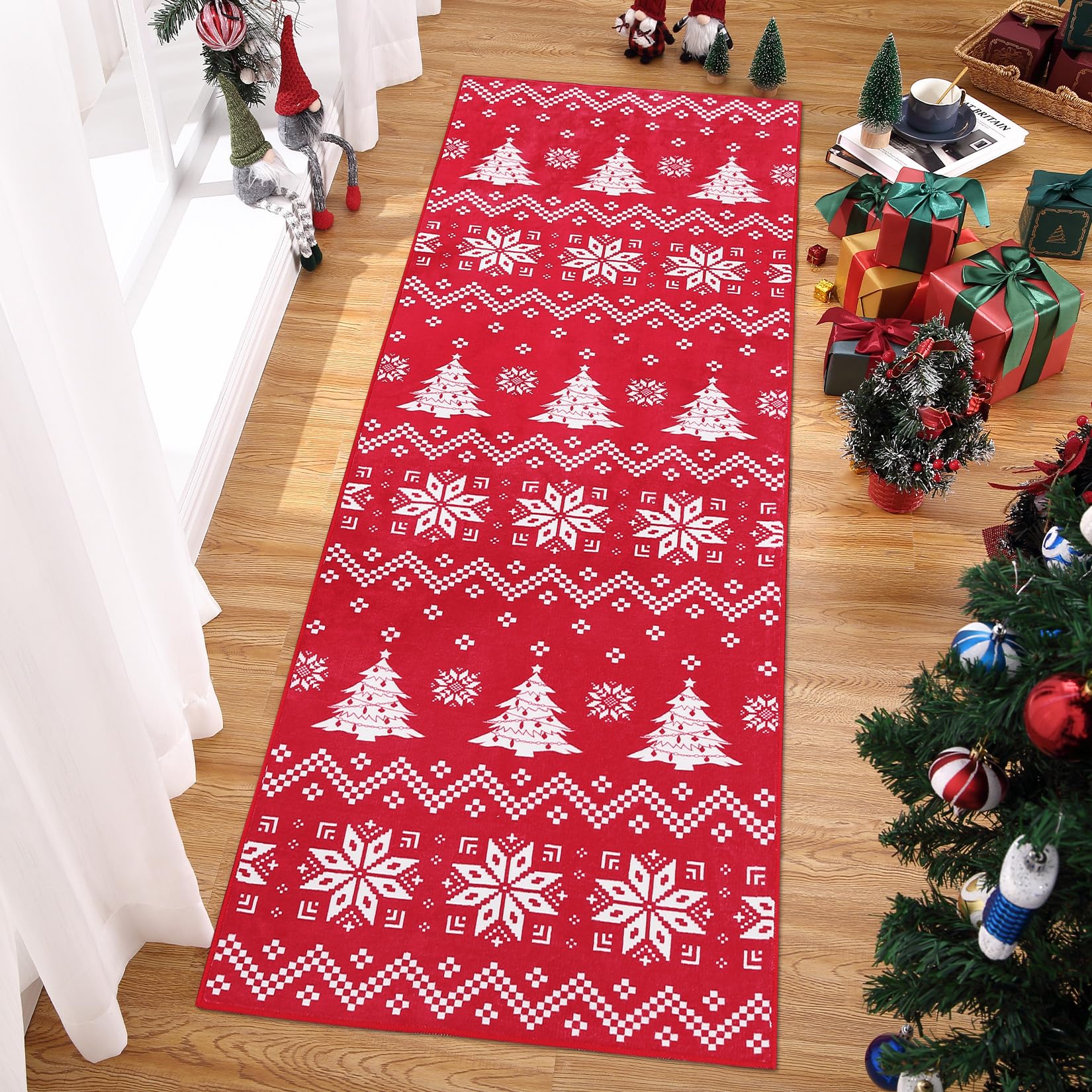 CAROMIO Christmas Snowflake Indoor Runner Machine Washable Rug Non Slip Floor Carpet Decorative Sofr Hallway Runner, Red 60 * 180 cm