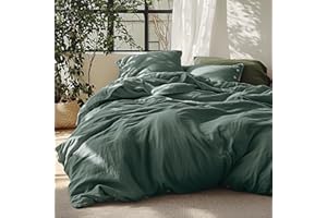 Bedsure Linen Duvet Cover Queen - Linen Cotton Blend Bedding Set, Soft & Cozy, 3 Pieces, 1 Duvet Cover 90x90 Inches and 2 Pillowcases, Dark Green Color Cooling Bedding, Comforter Sold Separately