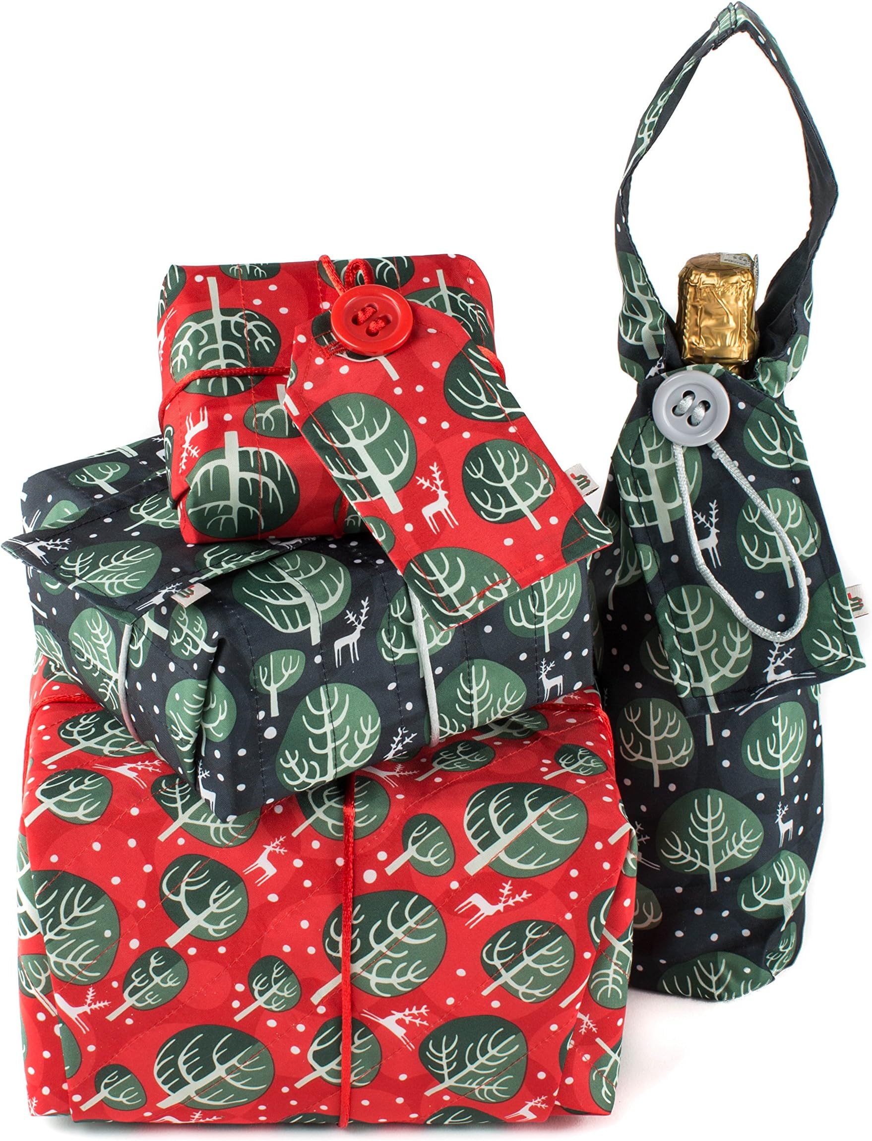 Re-Usable Fabric Gift Wrap Christmas Pack - 3 Sheets (Small, Medium & Large) Plus Bottle Bag