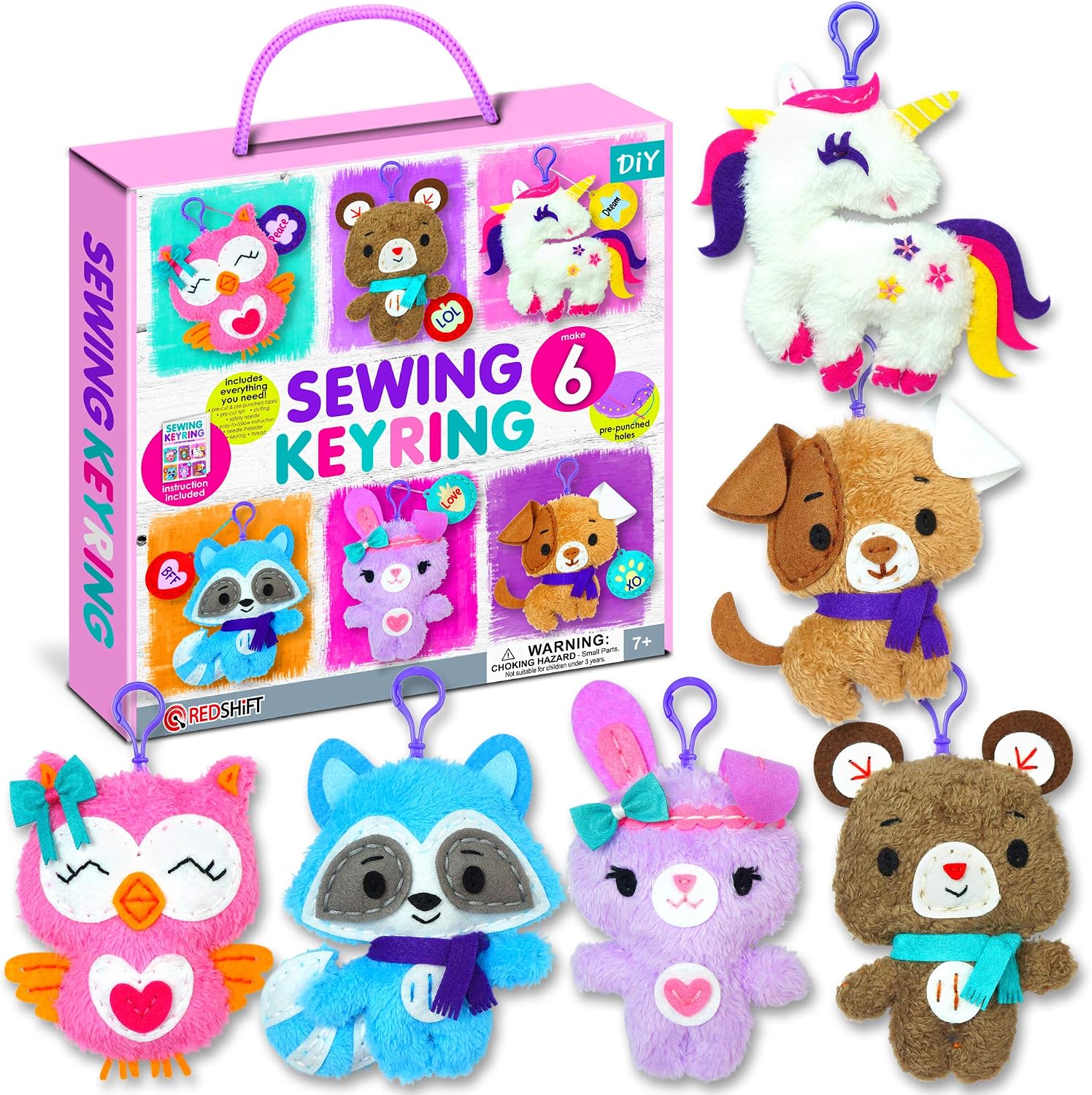 KRAFUN Unicorn Sewing Keyring Kit for Kids Ages 7-12, Beginner Craft Set including 6 Stuffed Dolls (Bear, Dog, Rabbit