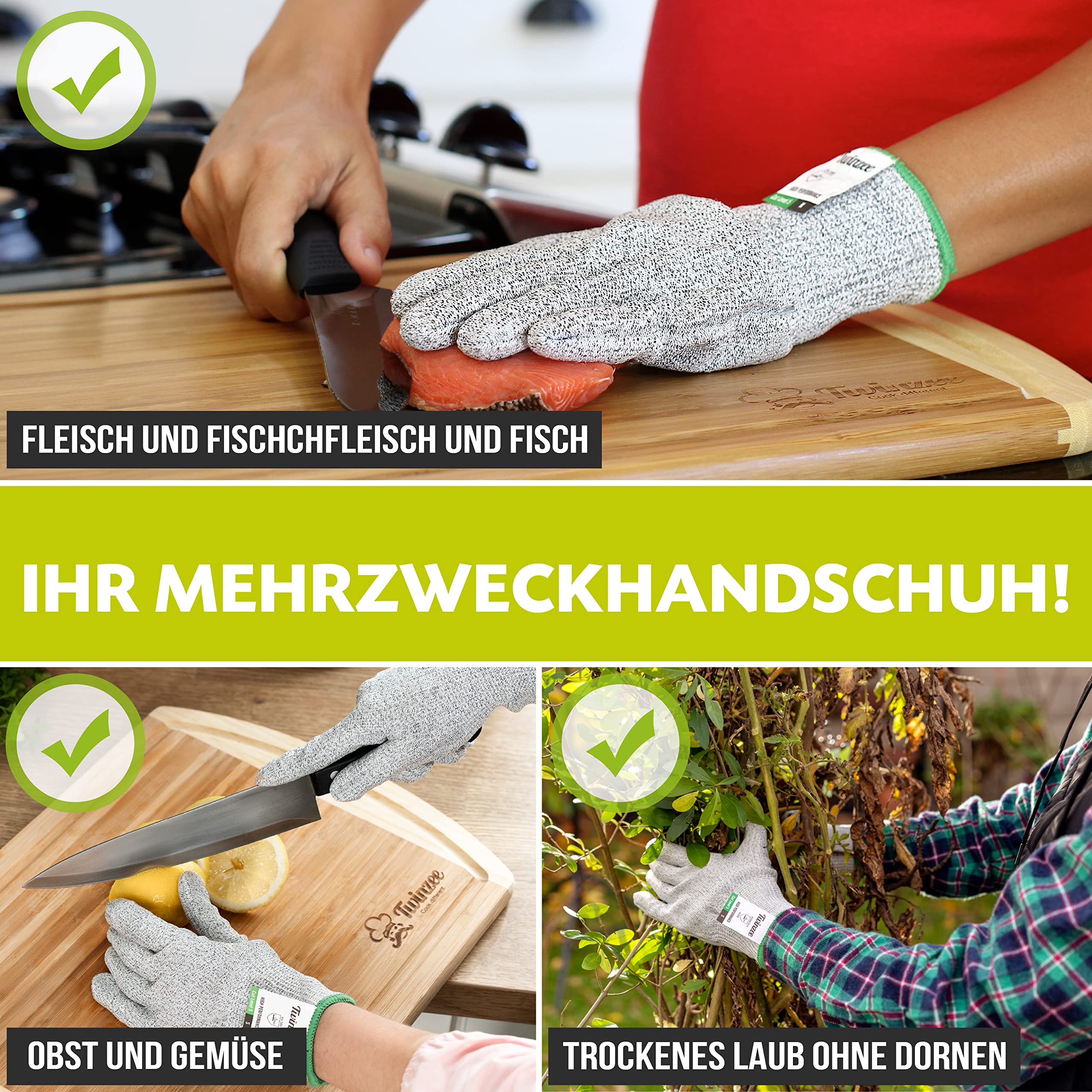 Twinzee Schnittschutzhandschuhe Premium 2 Stück – 1 Paar Stufe E (EN 388) Schnittfeste Handschuhe für Küche, Garten, Schneiden & Holzarbeiten - 1 Paar M 5