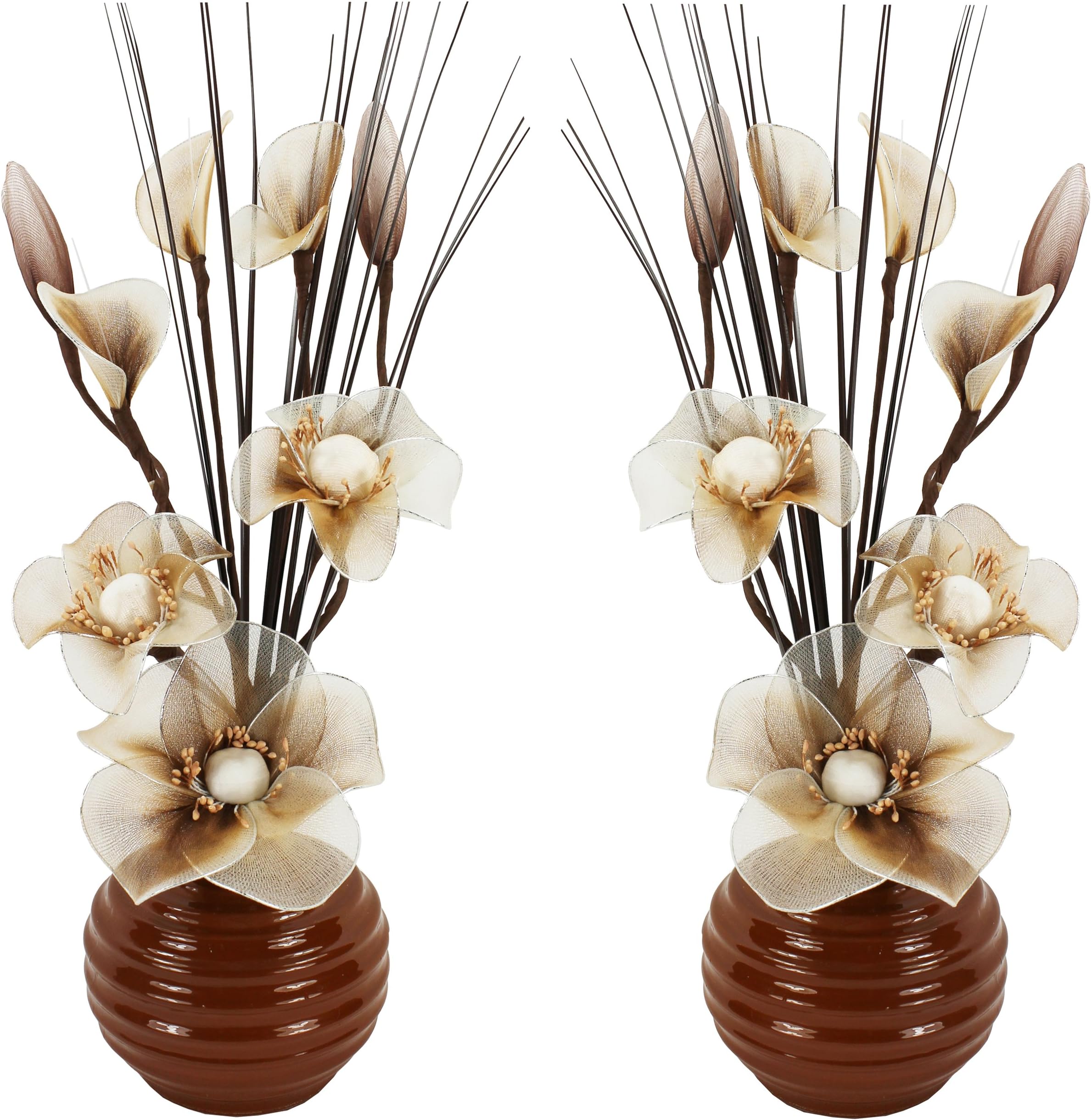 Matching Pair of Coffee Vases with Coffee and Cream Artificial Flowers, Ornaments for Living Room, Window Sill, Home Accessories, 32cm