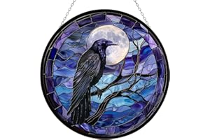 365CUSGIFTS Moon Crow Stained Glass Window Hanging Sun Catcher Halloween Haning Ornament Decoration Christmas Birthday Gifts for Lover, Friends