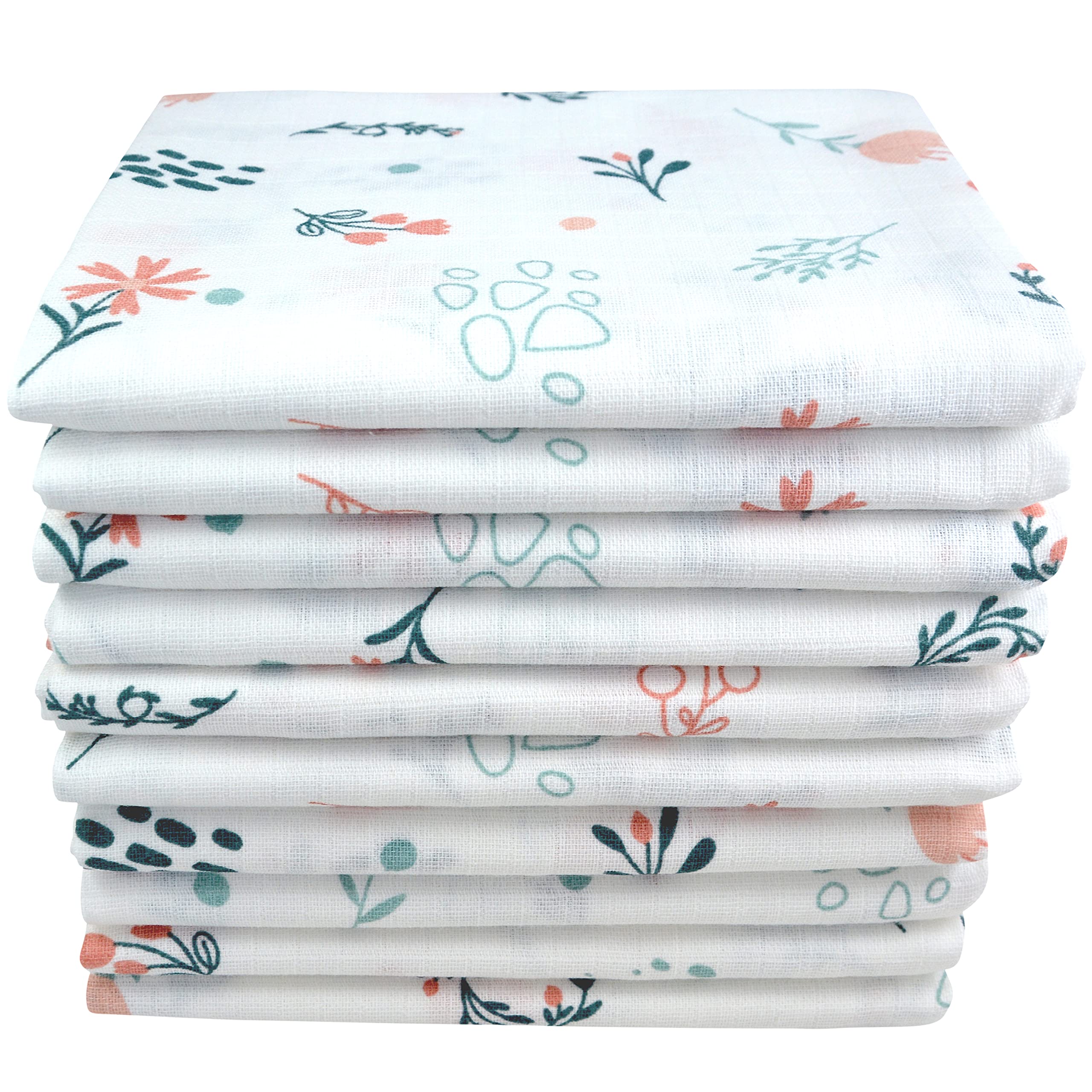 Muslin cloths with natural motifs 10-pack | Burp cloths baby | Cloth diapers 70x80 | Muslin diapers | Oeko-Tex (flowers)
