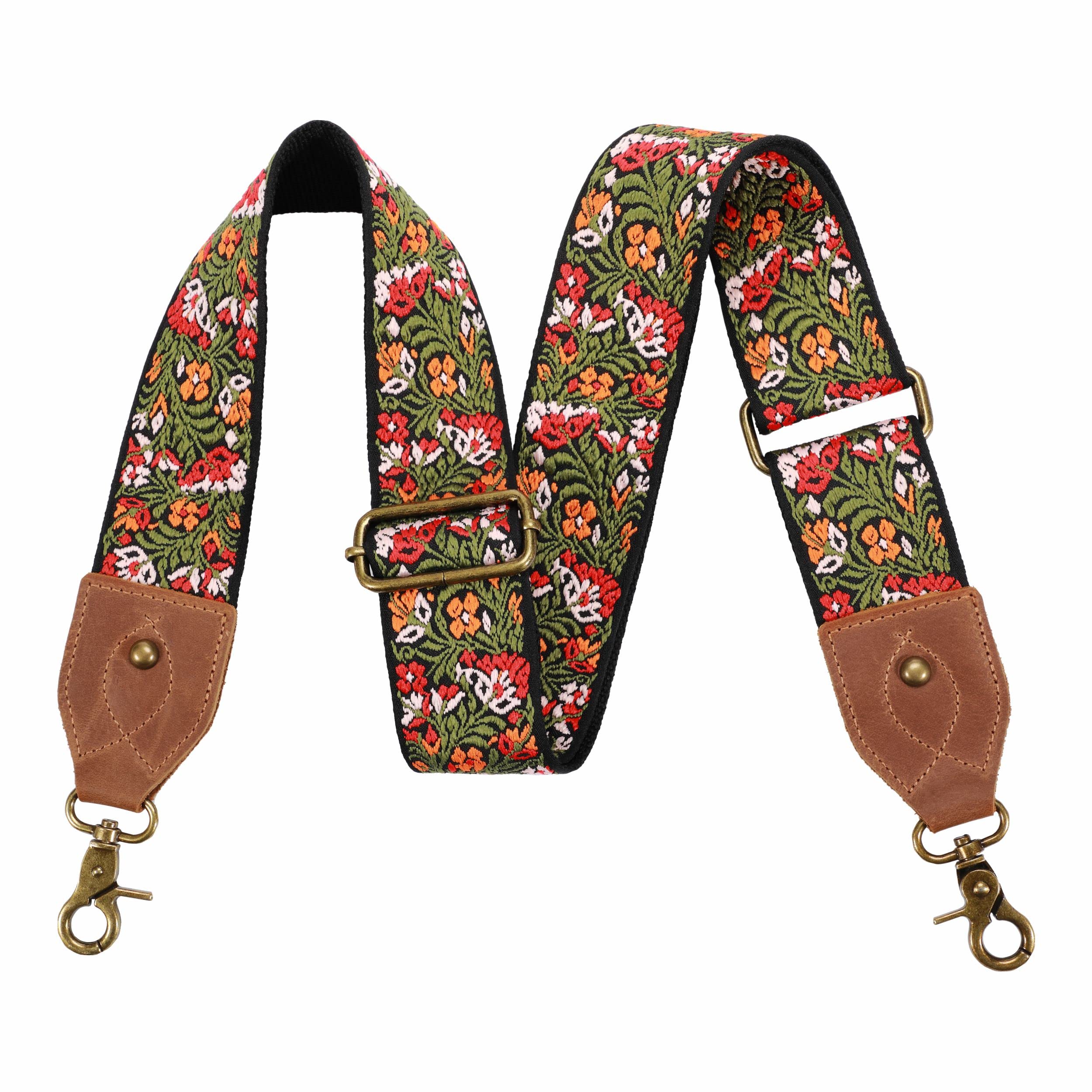 Bag Strap-2"Wide Crazy Horse Leather Head Purse Strap Adjustable Replacement,Retro Jacquard Embroidery Multi-pattern Crossbody Shoulder Straps for Handbag,Crossbody Bag,Shoulder Bag(Green embroidery)
