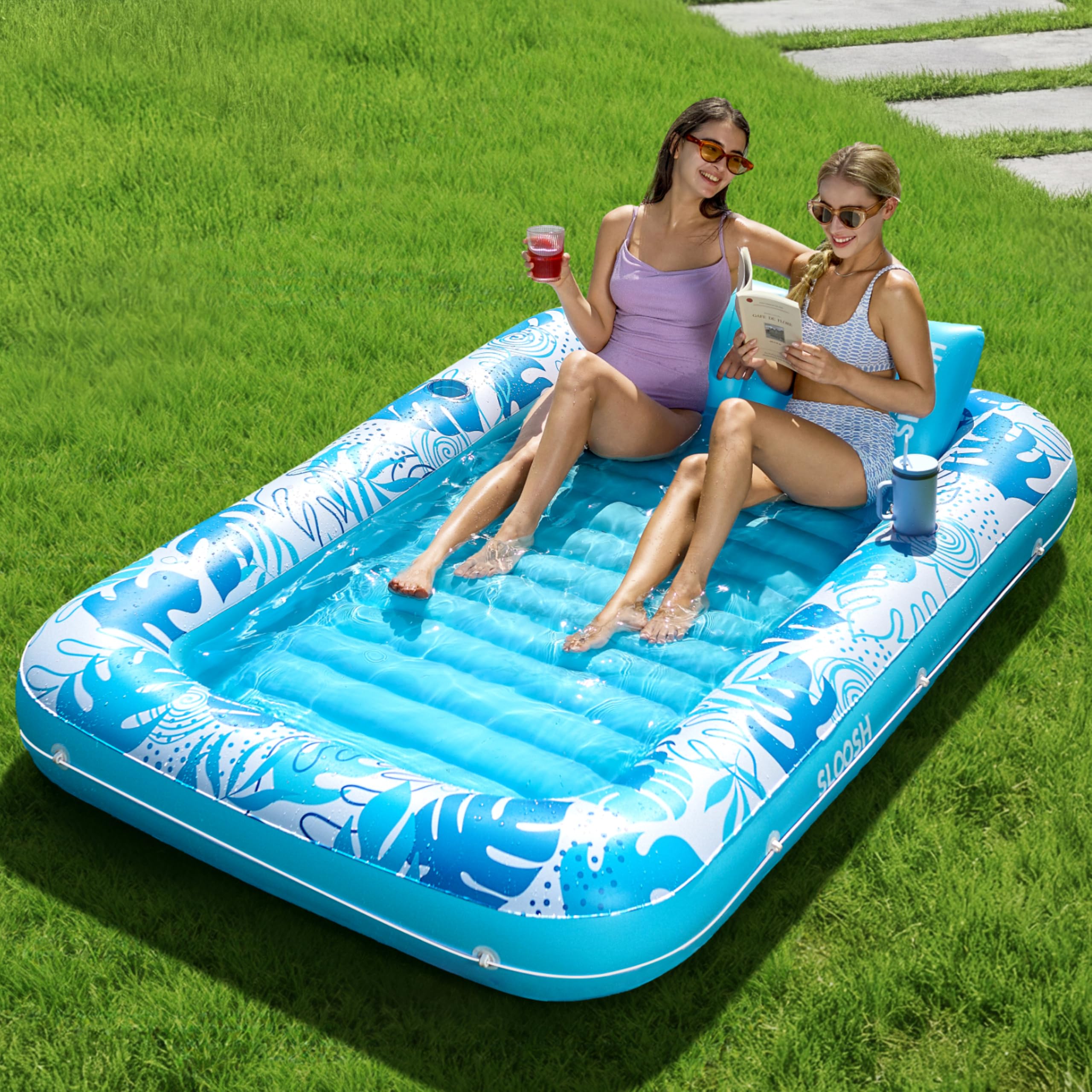 SLOOSH Inflatable Tanning Pool Lounger Float, 85" x 57" Extra Large Pool Floats Adult with Pillow, 4 in 1 Suntan Tub Raft Floatie,Sunbathing Bed Lounge for Water Blow Up Ball Pit Party Gifts, XL-Blue — image 1