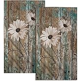 Giwawa Rustic Barn Sunflower Wooden Hand Towel 15x30 Set of 2, Daisy Flower Teal Turquoise Brown Plank Towel Retro Board Face Towel Country Barnwood Washcloth for Bathroom Farmhouse Log Cabin