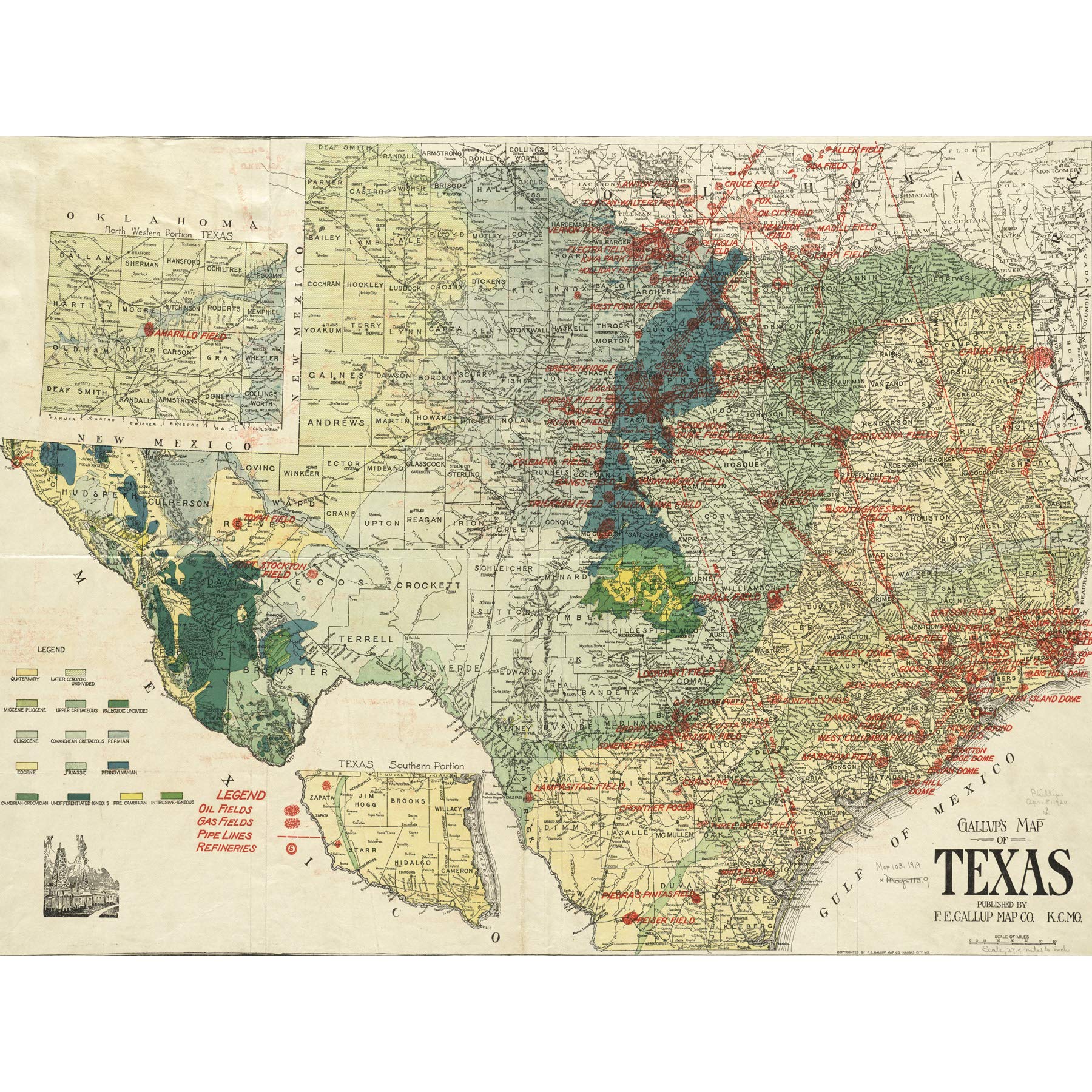 Gallup 1920 Map Texas Geology Oil Refineries Large Wall Art Print Canvas Premium Mural