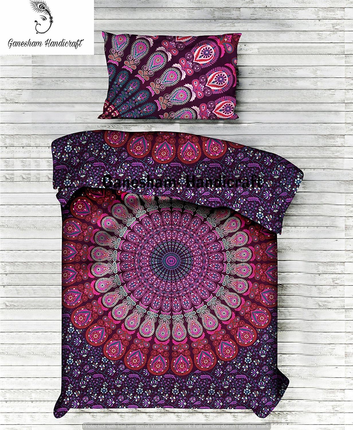 GANESHAM Hippie Home Decorative Mandala Tapestry Twin Size Single Reversible Doona Cover, Handmade Quilt, Throw Blankets Cotton Bedspread, Bohemian Bedding Fitted Bedsheet Mandala Duvet Cover