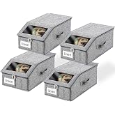 Euct 4 Pack Stackable Hat Organizer for Baseball Caps with Clear Window | Each Holds 12 Hats, Hat Storage for Closet, Hat Box with Handle, Sturdy Handle, Breathable Linen,Space-saving,Grey