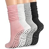 YSense 4 Pairs Pilates Socks with Grips for Women Non Slip Long Slouch Socks Yoga Grippy Sock Slouchy Barre Hospital Slipper