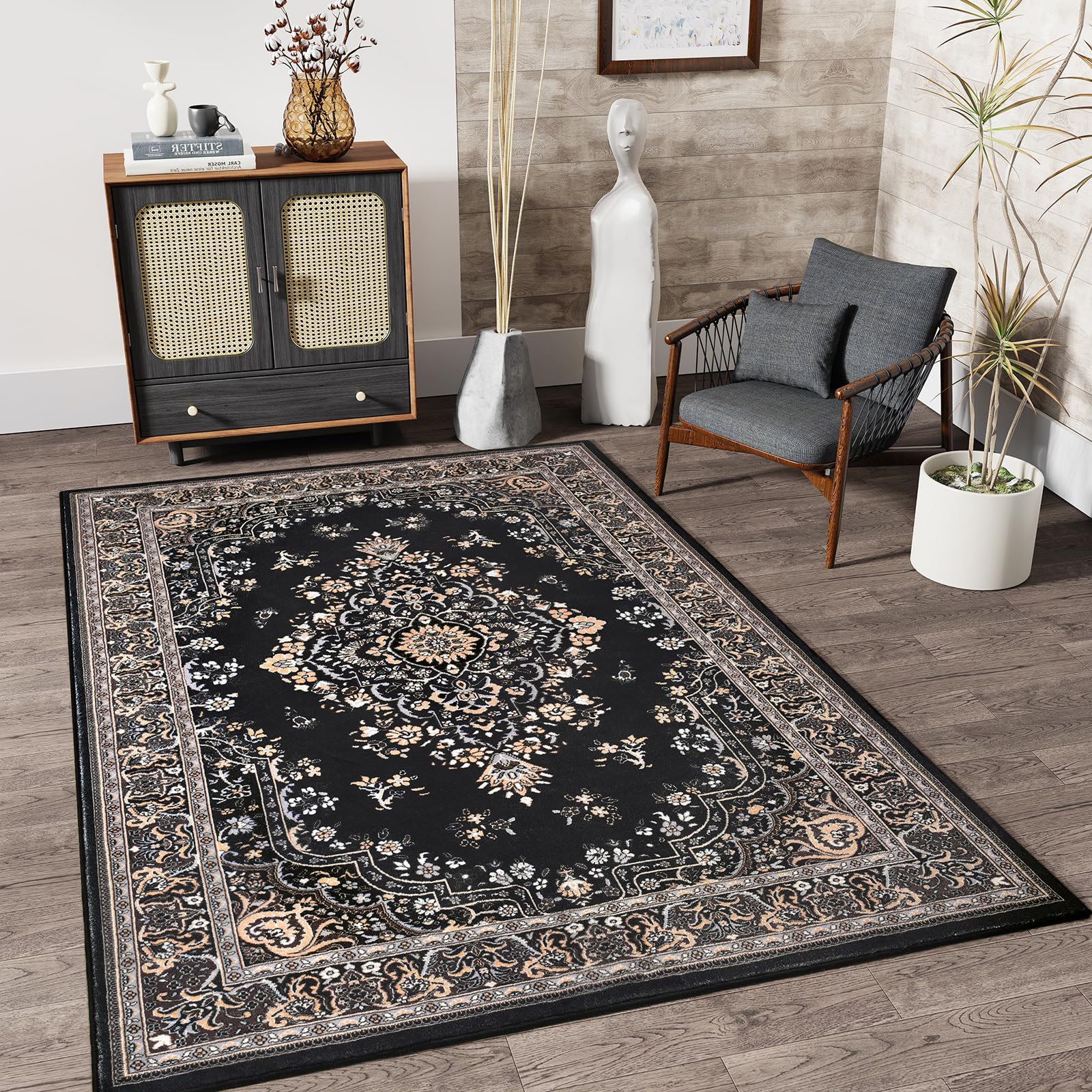 Photo 1 of HOMORE Black Rug 4x6 Area Rugs for Bedroom, Washable Non Slip Rug for Living Room Vintage Floral Rugs for Kids Room, Indoor Carpet for Kitchen Farmhouse Home Office