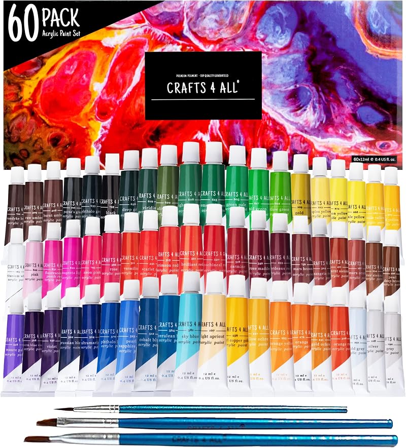 Crafts 4 ALL 60 Acrylic Paints Set for Canvas Wood Ceramic Fabric Non-Toxic