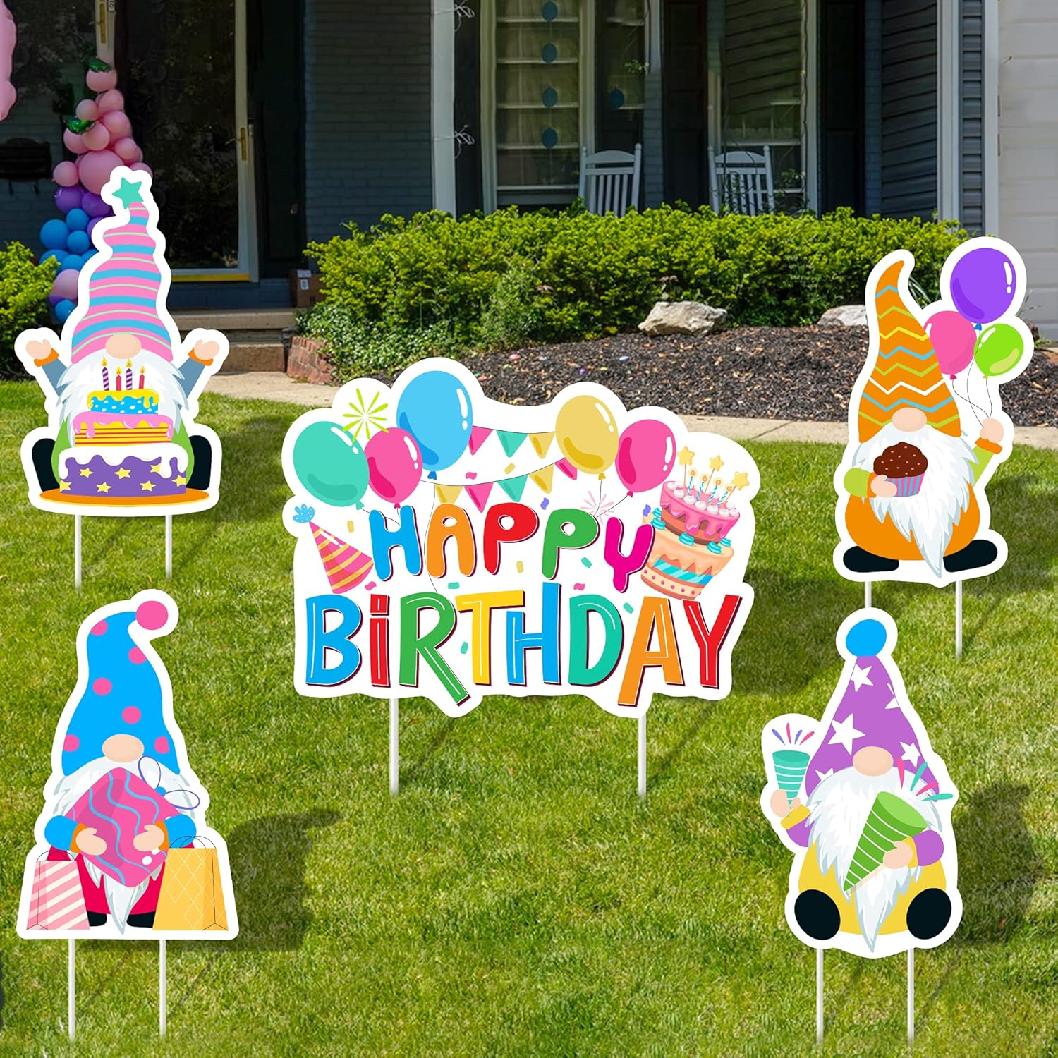 WATINC 5Pcs Happy Birthday Gnomes Yard Signs with Plastic Stakes Single Sided Printing Waterproof Birthday Cake Gnome Balloons Ribbons Gift Bday Party Decorations Supplies for Outdoor Lawn Garden : Garden & Outdoor