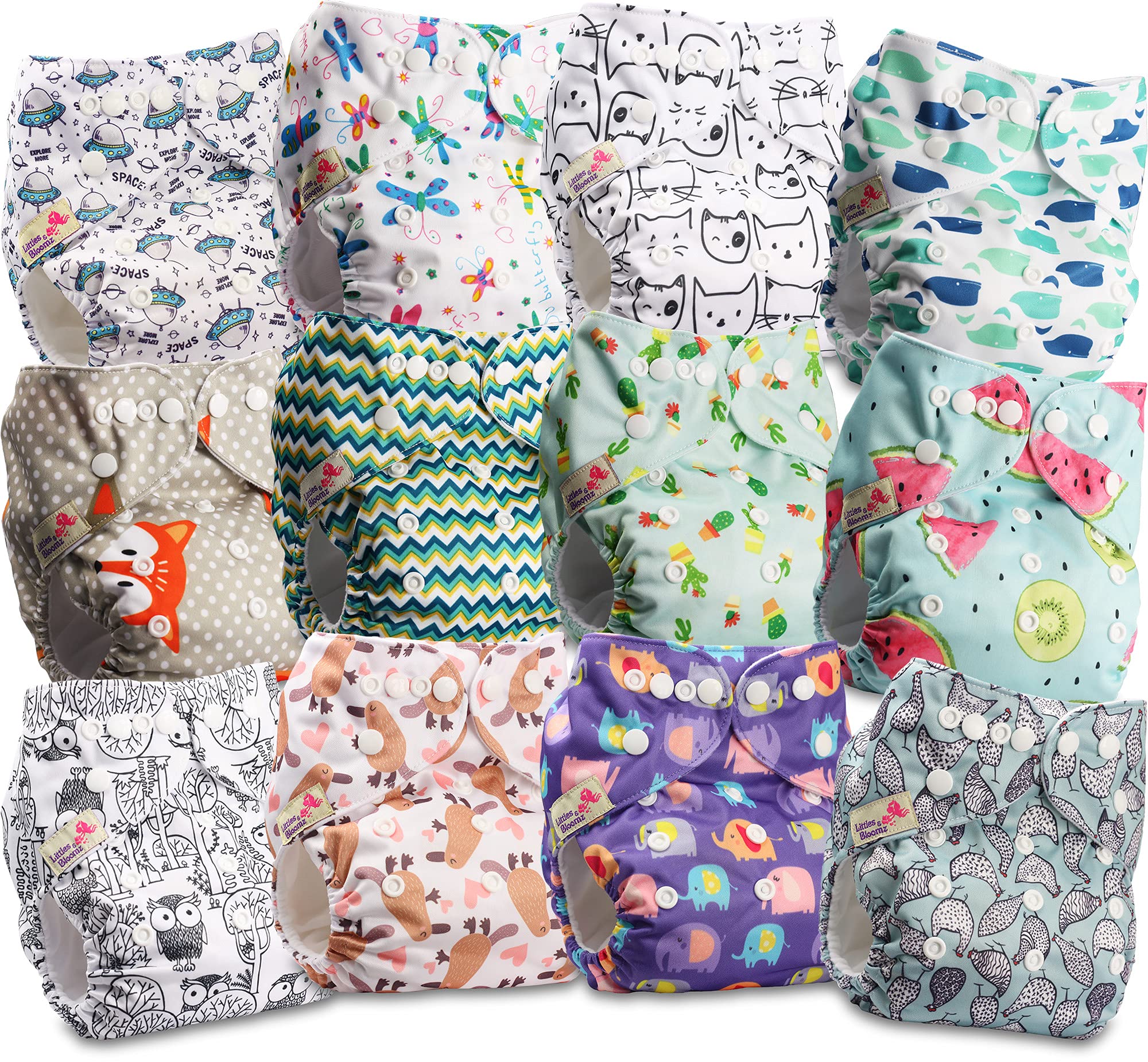 Littles and Bloomz Baby Reusable Pocket Nappy Cloth Diaper, Standard Popper, 12 Nappies, FLP2-1203