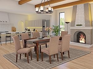 East West Furniture Kitchen Set 7 Pieces - Brown Linen Fabric Parsons Dining Room Chairs - Mahogany Finish 4 legs Hardwood Rectangular Dining Room Table and Structure