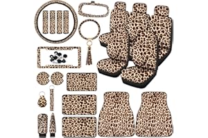 Frienda 26 Pieces Leopard Print Car Accessories Set Leopard Seat Covers Full Set Leopard Steering Wheel Cover Leopard License Plate Frame Mirror Covers Cheetah Print Car Accessories for Car SUV Truck