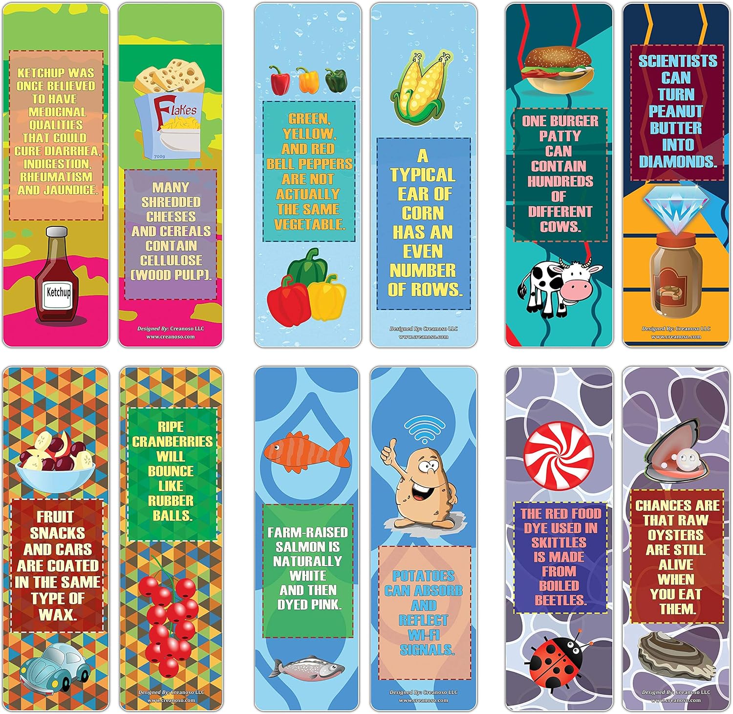 Creanoso Fun Facts About Food Bookmarks (12-Pack) – Unique Stocking Stuffers Gifts for Boys & Girls – Educational Learning Book Page Clippers Collection Set for Children – Great Token Giveaways