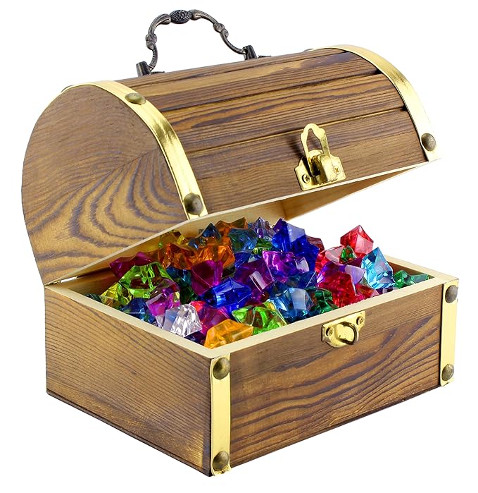 Wooden Pirate Treasure Chest with 240 Colored “Jewels” (Plastic Gems); 6” x 4.5” x 5