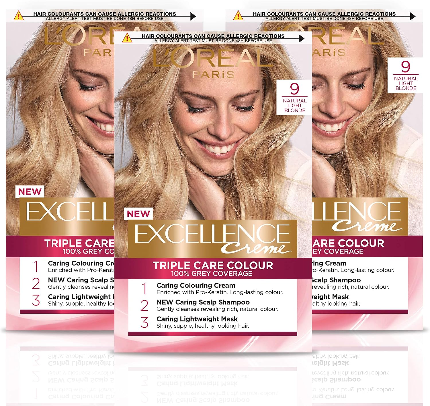 L'Oréal Paris Excellence Crème Permanent Hair Dye, Radiant At-Home Hair Colour with up to 100% Grey Coverage, Pro-Keratin, Up to 8 Weeks of Colour, Pack of 3, Colour: 9 Natural Light Blonde