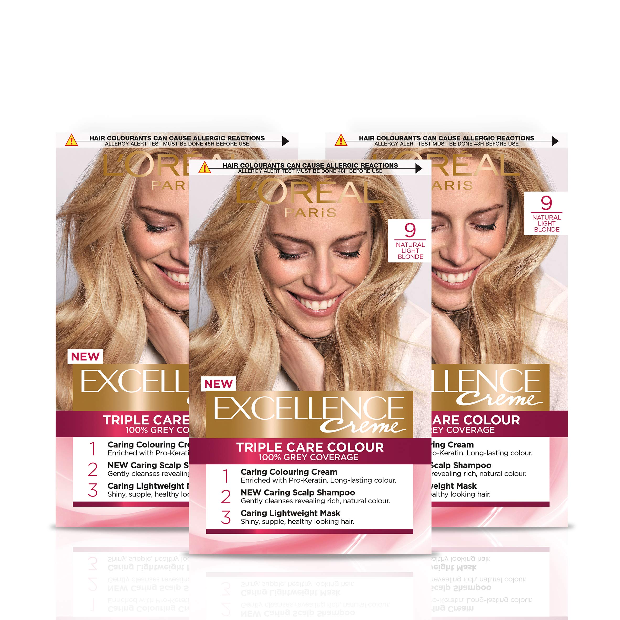 L'Oréal Paris Excellence Crème Permanent Hair Dye, Radiant At-Home Hair Colour with up to 100% Grey Coverage, Pro-Keratin, Up to 8 Weeks of Colour, Pack of 3, Colour: 9 Natural Light Blonde