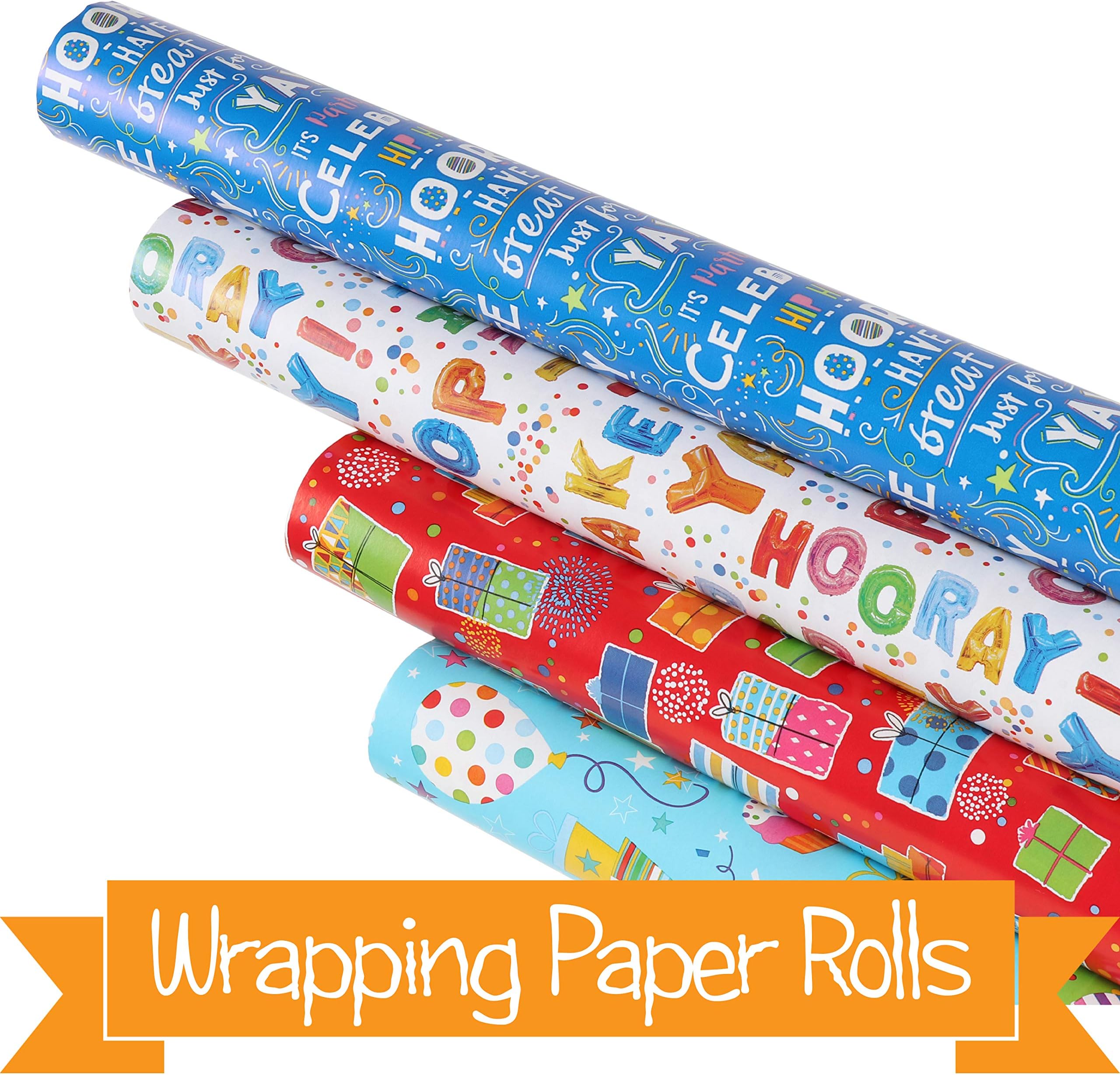 4 x Wrapping Paper Rolls for Kids & Children | Birthday Gift Wrapping Paper | Super Large Sheets of 70cm x 300cm | Unisex Designs for Boys & Girls | Multi Bundle Set | Vol 2