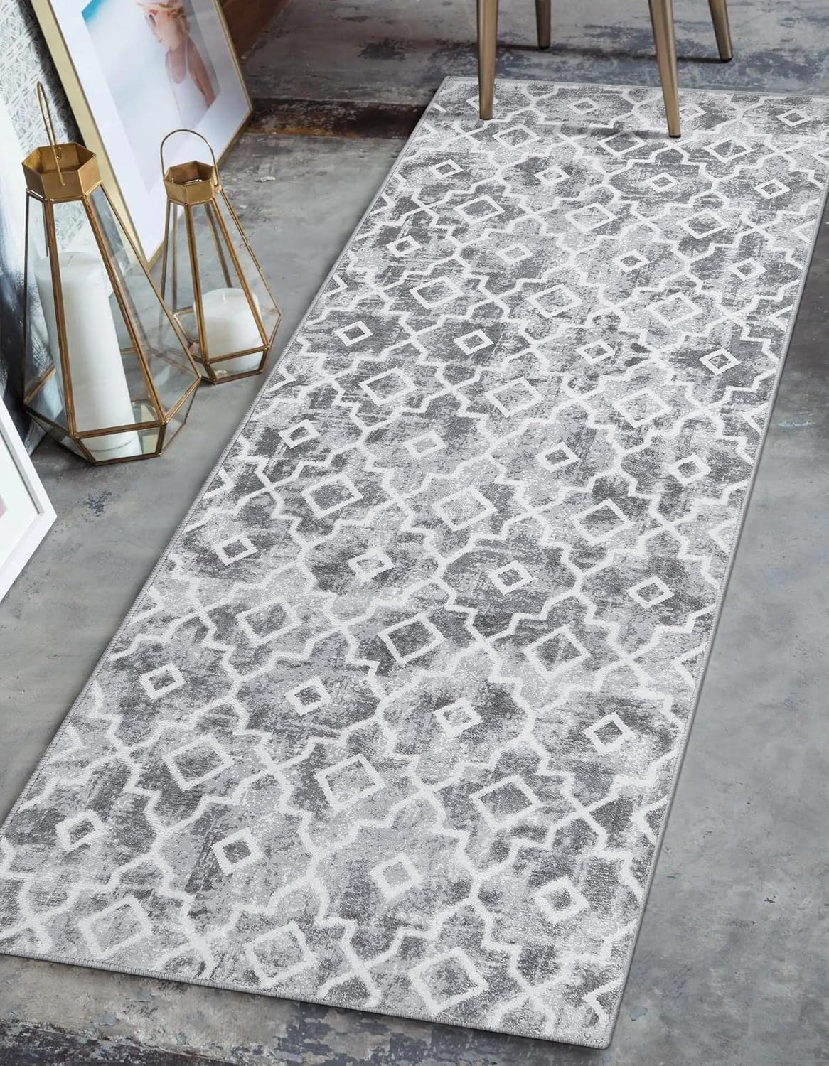 Rugs, Pads & Protectors - Wonnitar Moroccan Washable Runner Rug - Grey 2x5 Laundry Rug Runner Non-Slip Kitchen Sink Carpet Runner Rug Modern Geometric Trellis Bathroom Throw Mat for Entryway Bedroom Mud Room