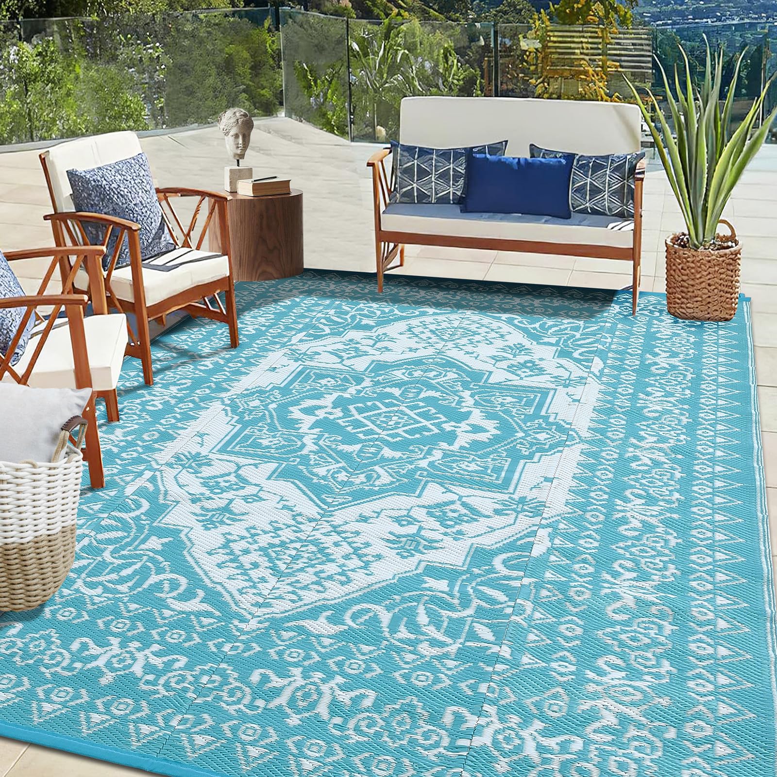 GarveeHome Outdoor Plastic Straw Rug 5×8 Waterproof Outdoor Patio Rug Reversible Camping Carpet, Vintage Large Area Rugs Mats for RV, Picnic, Backyard, Deck, Balcony, Porch, Beach, Blue&White 5’x8′