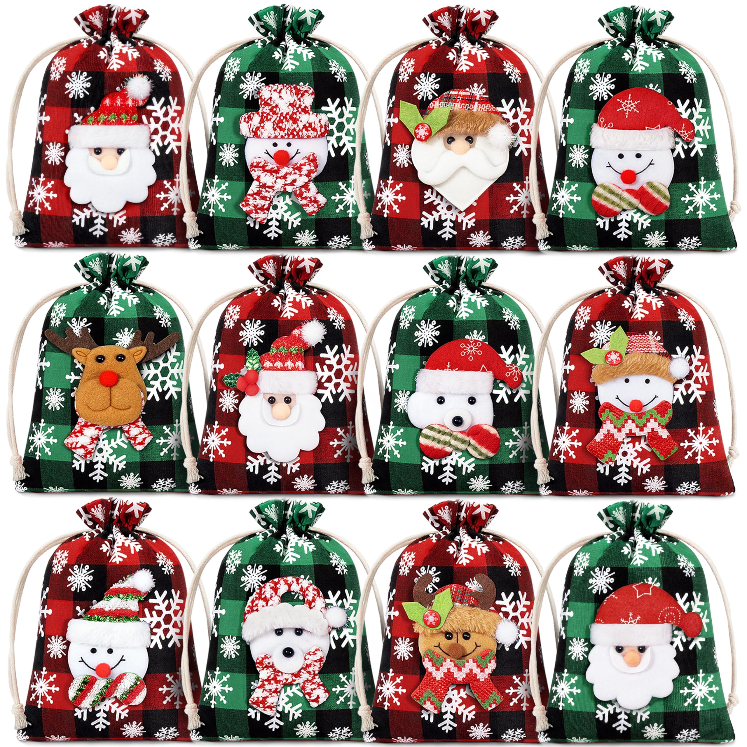 Photo 1 of 12Pcs Burlap Christmas Gift Bags with Drawstring, 5.5x7in 3D Doll Buffalo Plaid Christmas Goody Gift Candy Bags, Small Xmas Linen Treat Bag Xmas Gifts Wrapping Bag Holiday Party Favor Decor Santa Sack