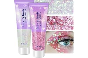 LINWULTE Holographic Face Glitter Gel, 120ml Body Shimmer Makeup for for Hair, Face, Arm, Nail, Eyeshadow, 2 Jars Long Lasting Waterproof Iridescent Sequins Party Glitter for Rave Festival (White & Pink)
