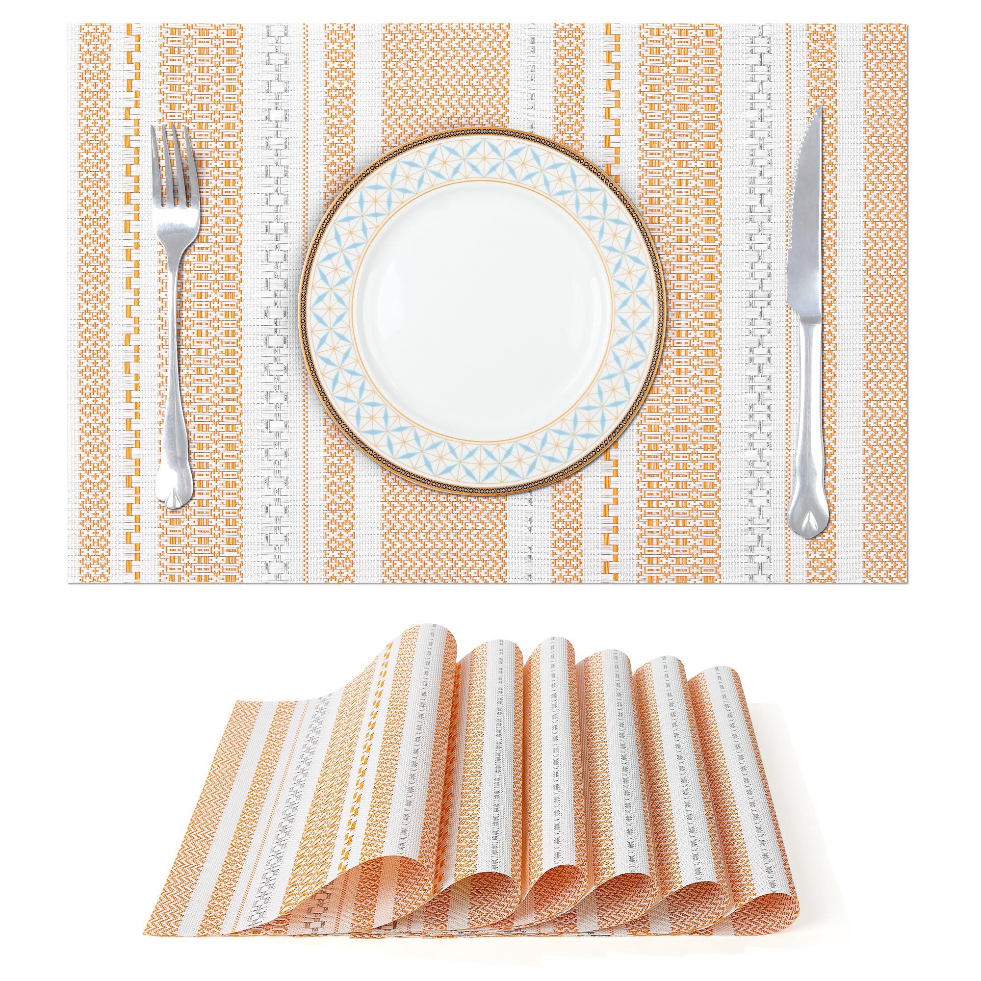 fanquare Placemats Set of 6,Rectangular Striped Woven Placemats with Silver Line, Non-slip Heat Resistant Table Mats, Christmas Table Decor, 45cm x 30 cm