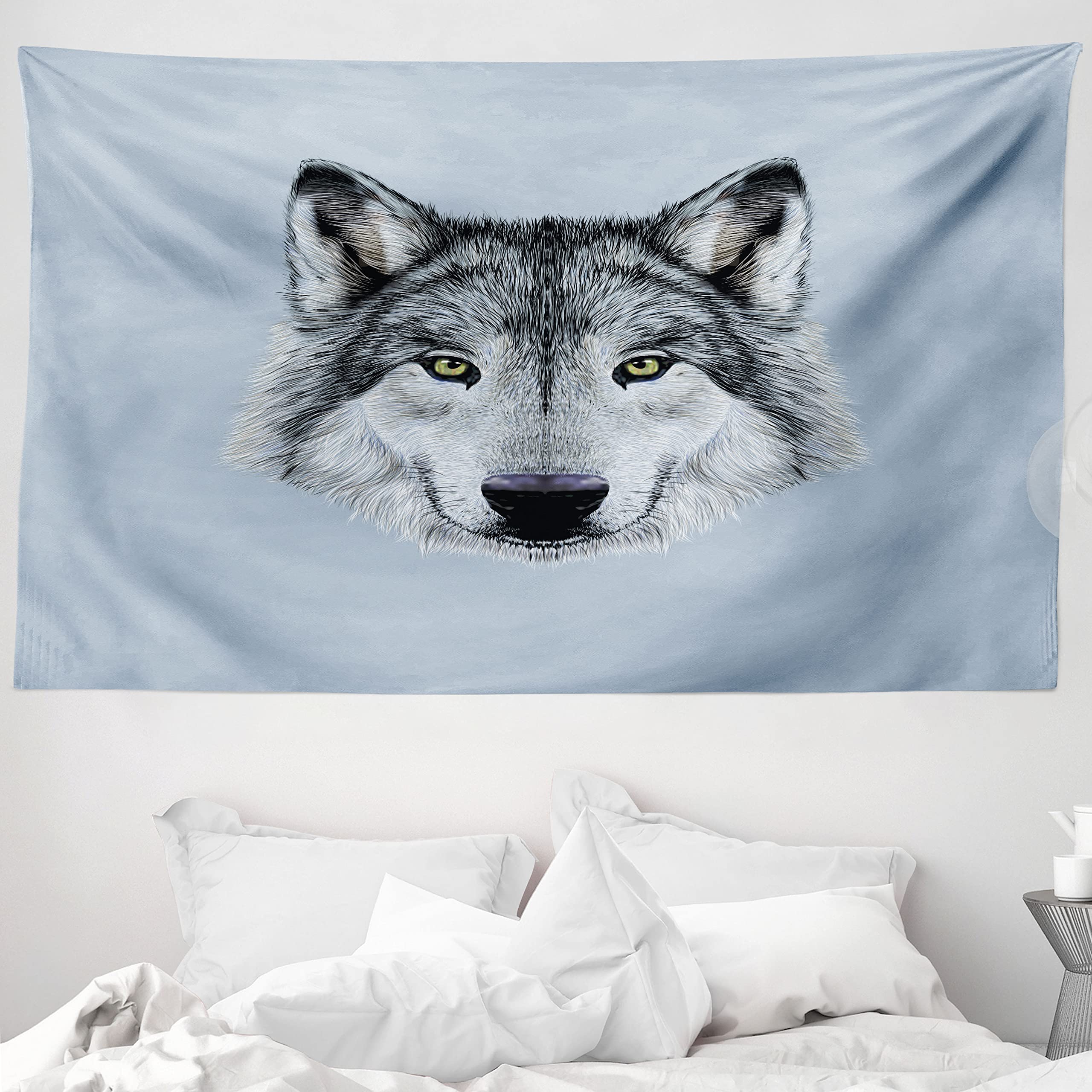 ABAKUHAUS Wolf Tapestry, Dog Portrait Gaze Sublime Animal Illustration Canine Beast, Fabric Wall Hanging Decor for Bedroom Living Room Dorm, 90 W X 54 L, Black Beige Bluegrey