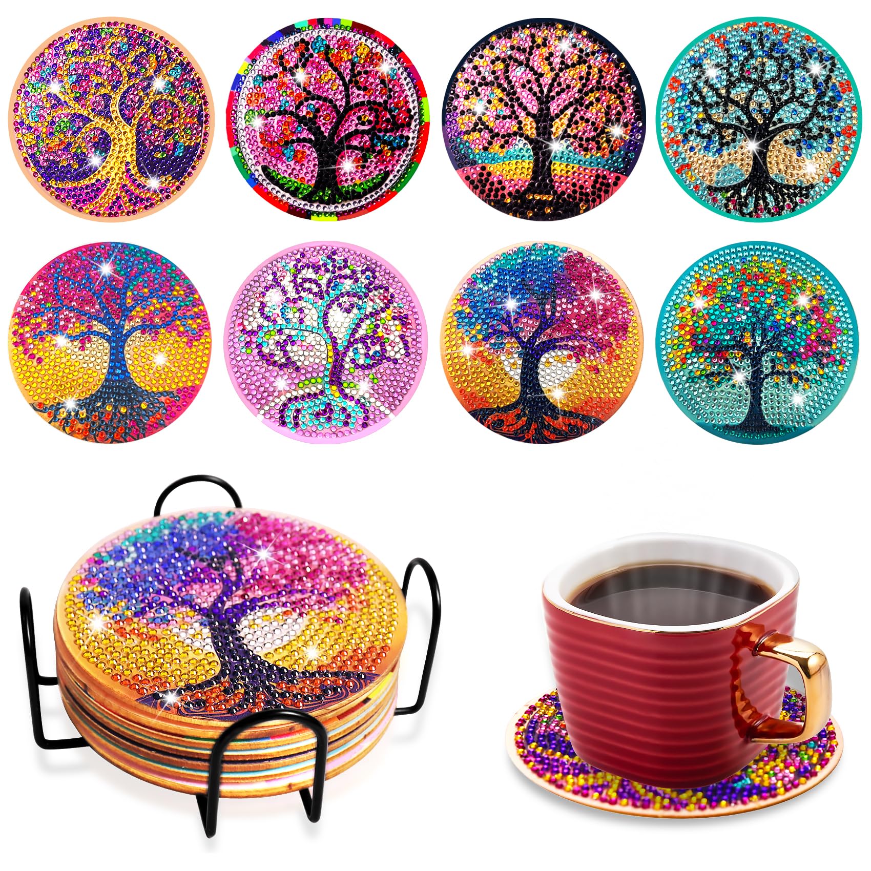 8 PCS Life of Tree Diamond Art Coasters, Diamond Painting Coaster Kit with Holder, Round 5D DIY Diamont Art Coasters Kits, Full Drill Rhinestone Painting Set for Adults Kids,Beginners Craft Supplies
