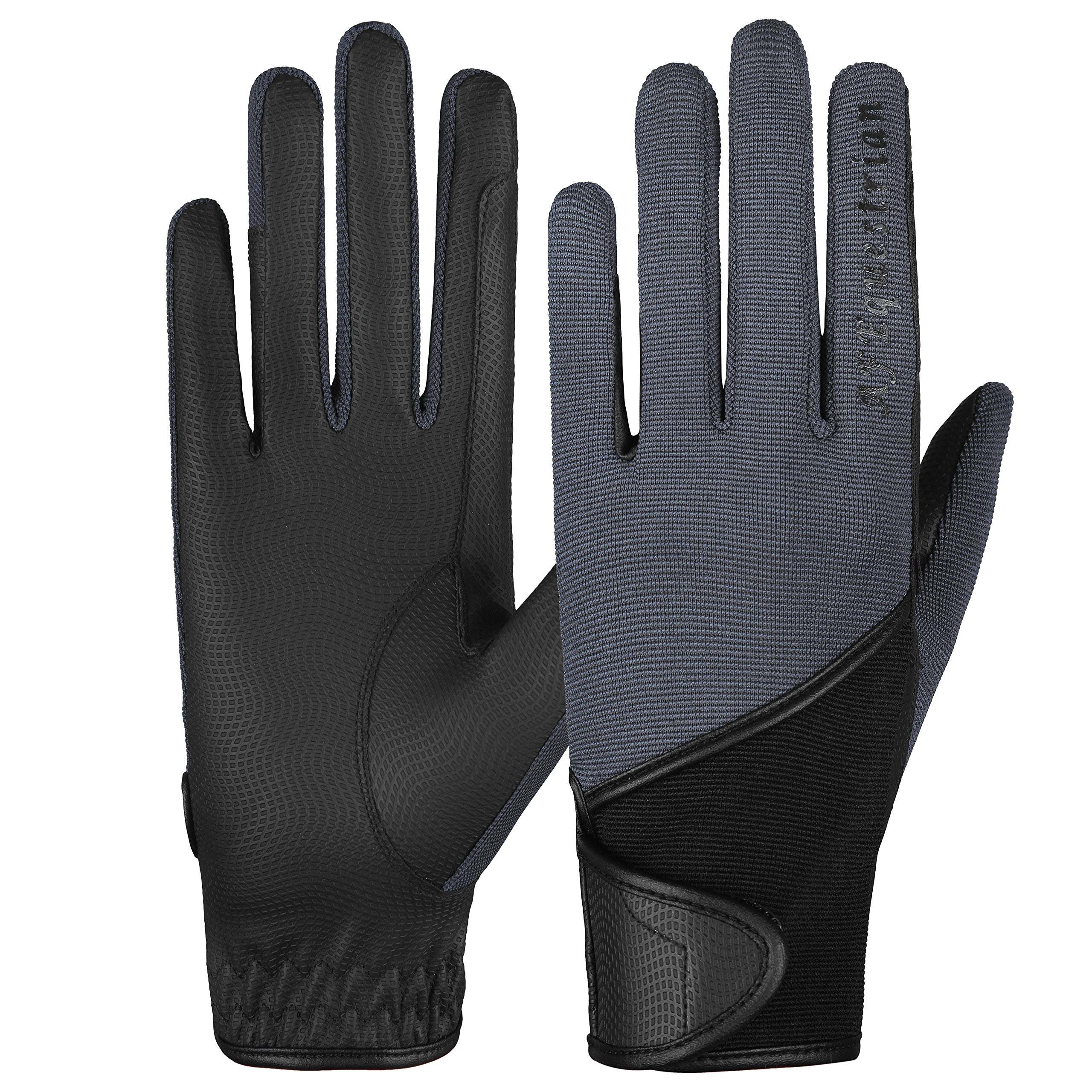 AFE Ladies Horse Riding Gloves Track Fabric Gloves Synthetic Leather Equestrian Black Stretch Fabric Pink Purple Lilac (Grey Finger Print, Large)