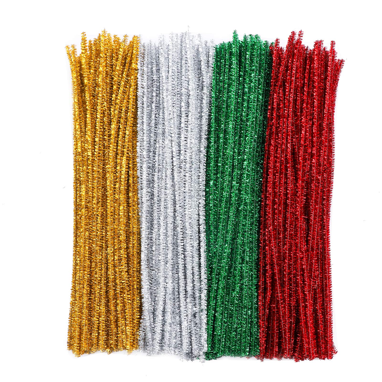 Pipe Cleaners 400 Pcs 4 Colors Christmas Chenille Stems Glitter Pipecleaners Craft Kit Pipe Cleaning Tool Set for Kids DIY Crafts Halloween Christmas Decorations School Projects-Gold Silver Red Green