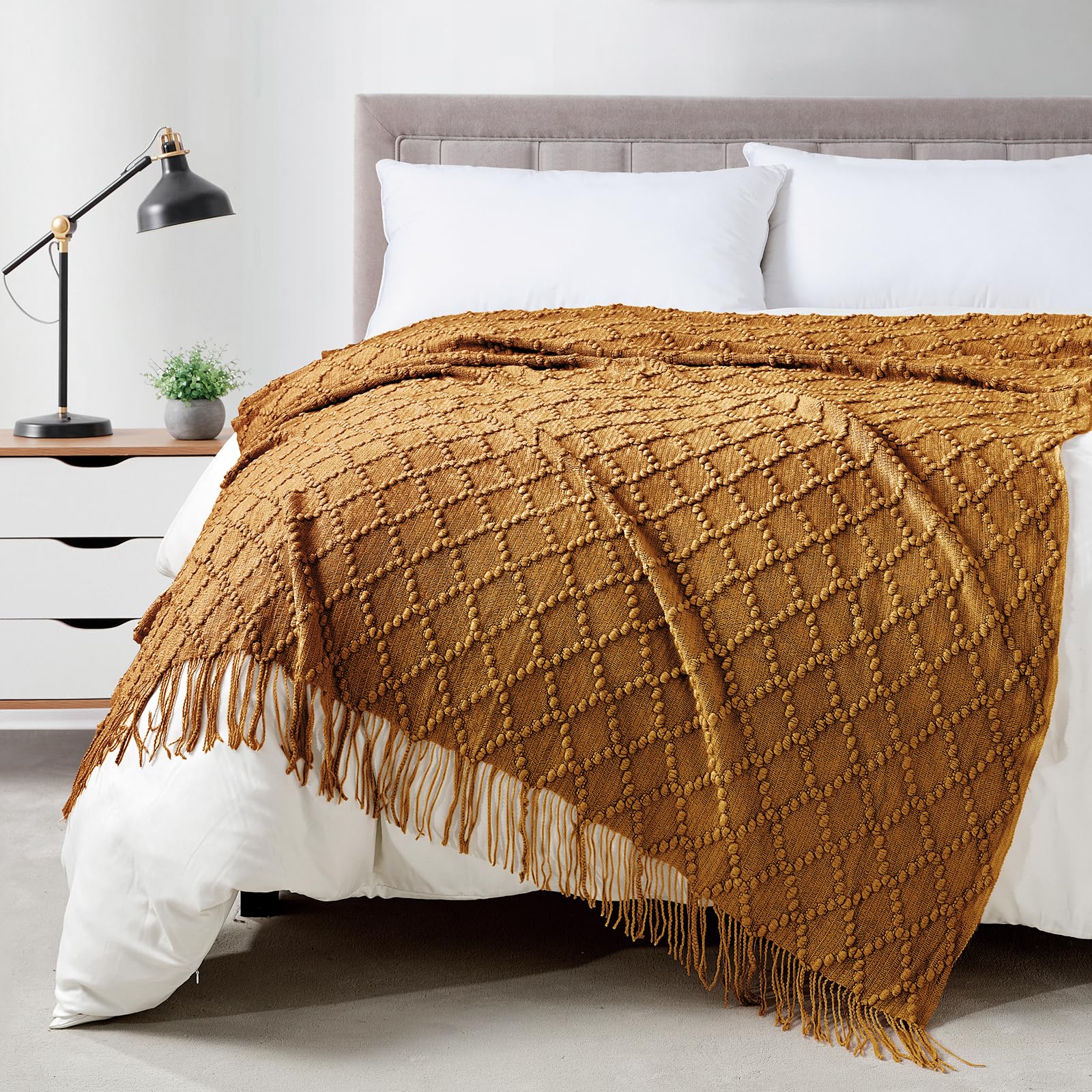 BOURINA Throw Blanket Textured Solid Soft Throws and Blankets for Sofa or Bed Knitted Decorative Blanket 127x178cm Almond