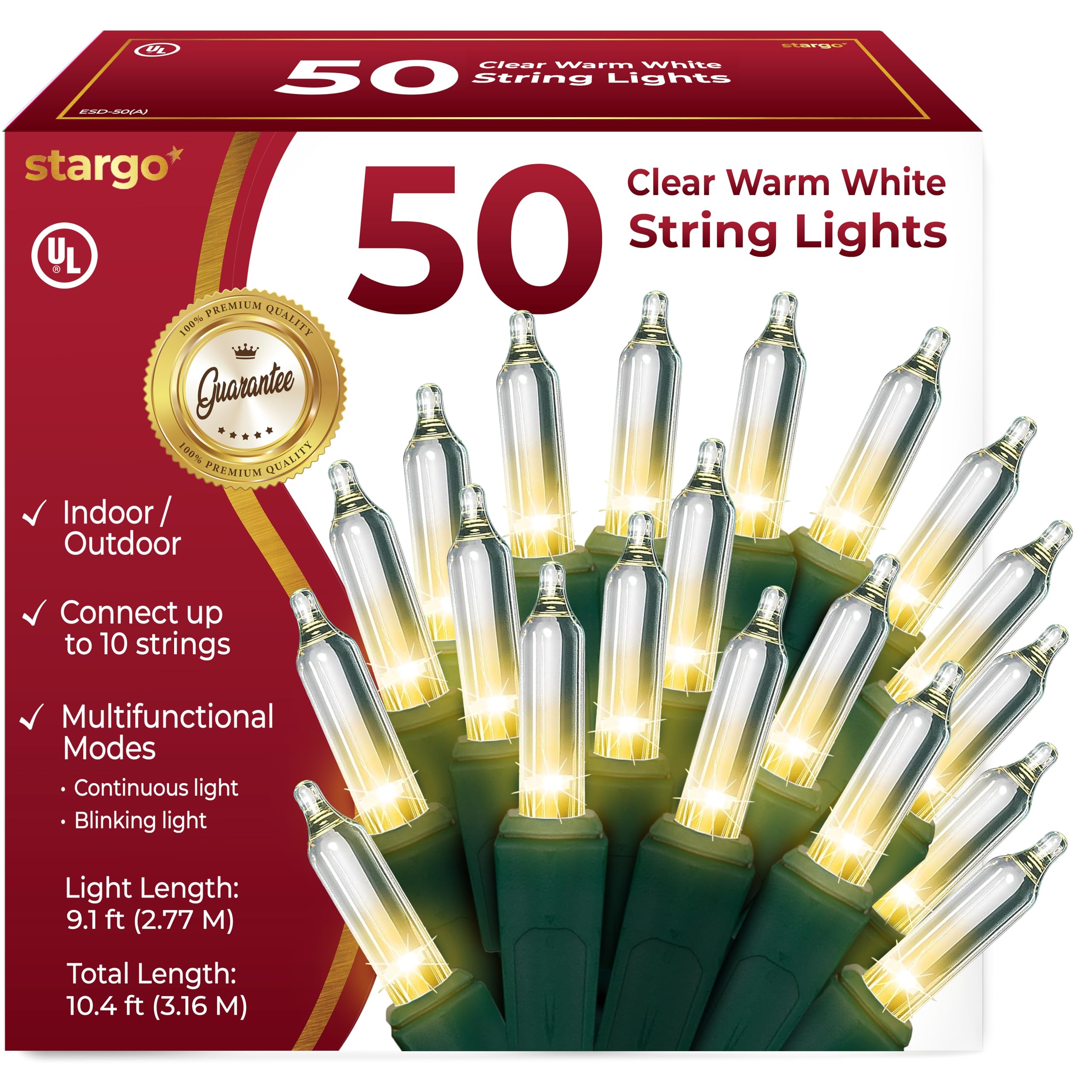 Photo 1 of Clear Warm White Christmas Lights - 9 ft String of 50 Incandescent Mini Bulbs Multifunctional Lighting Modes, for Decorative, Bedroom, Outdoor, Xmas Twinkle Tree Lights with Green Wire Total 10.4 ft