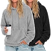 Velvelhall 2 Pack Women's Double Fuzzy Fleece Hoodies, Kangaroo Pocket Pullover Winter Drawstring Oversized Loose Sweatshirts