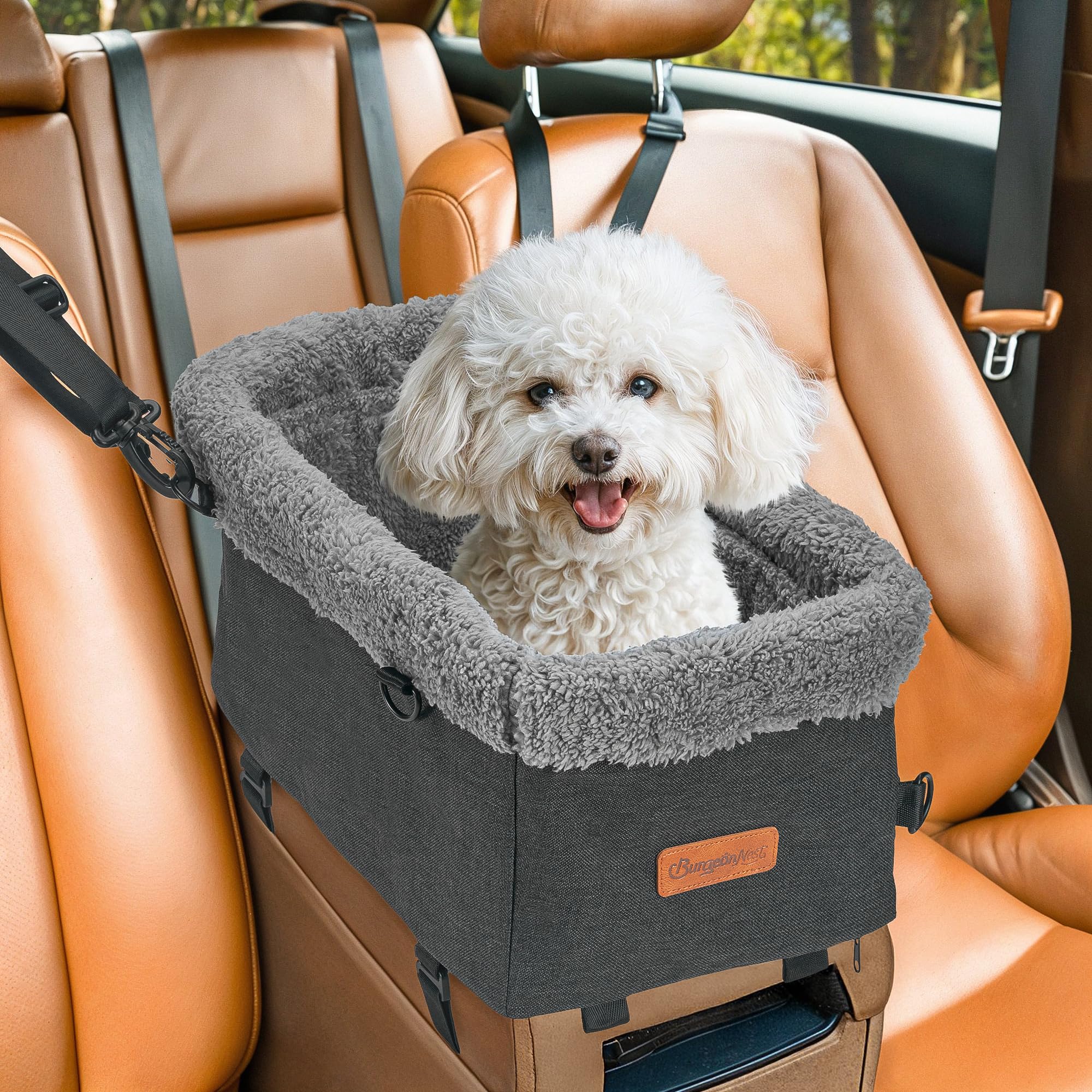 Photo 1 of BurgeonNest Armrest Small Dog Car Seat - Portable Pet Booster Center Console Carseat Up to 11lbs, Safe Comfort Car Travel Puppy with Metal Frame, Pee Pad, Washable Fluffy Cushion and Interior, Grey