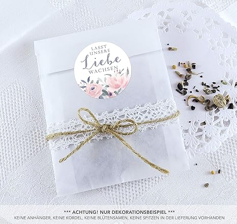 BLÜTEN SAMEN TÜTEN SET 24 Sticker LASST UNSERE LIEBE WACHSEN ROSE PASTELL ROSA BLAU GRAU GRÜN Ø 4cm matt + 24 Flachbeutel wei