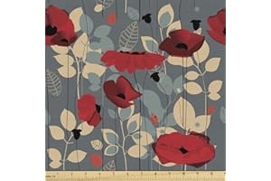 Ambesonne Poppy Flower Fabric by the Yard, Abstraction of a Growing Floral Garden Leaves Botanical Modern Nature, Decorative 