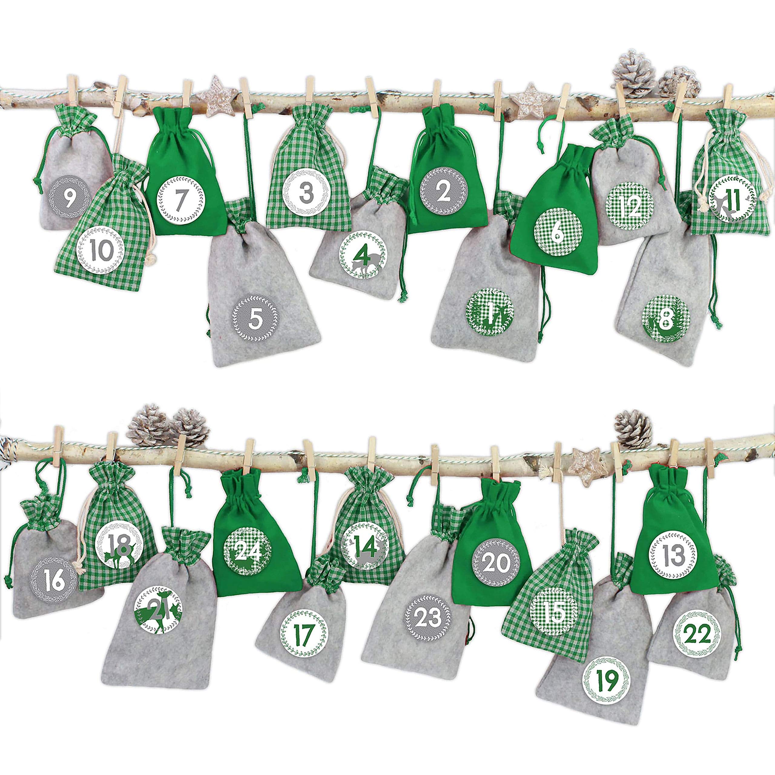 Papierdrachen 24 Advent calendar fabric pouches for you to craft for yourself - with bakers twine and wooden clips - decorative fabric pouches - cottage style green No. 14
