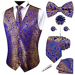 GUSLESON Mens Gold Royal Blue Vest Floral Suit Vest