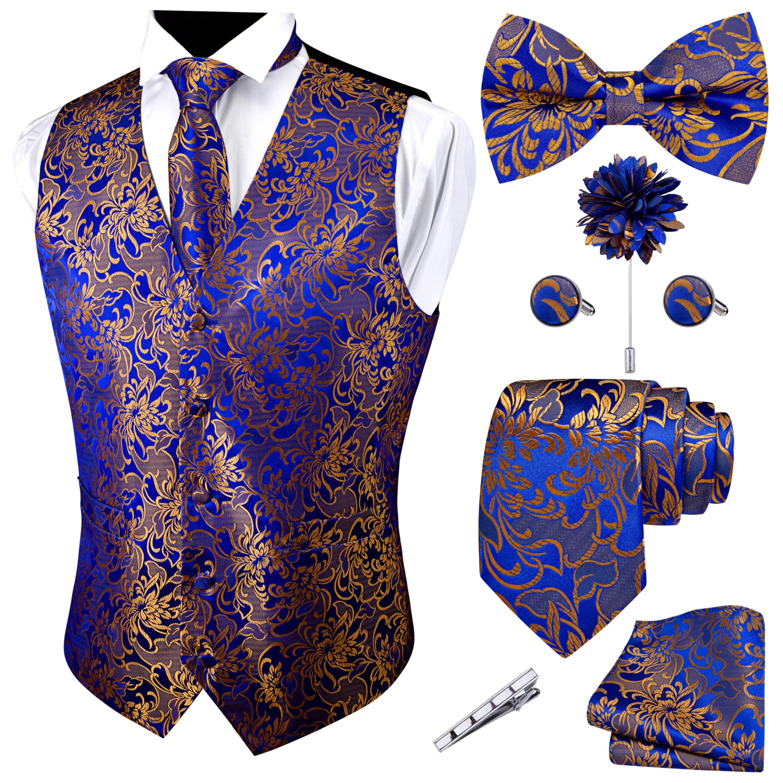 GUSLESON Mens Gold Royal Blue Vest Floral Suit Vest