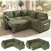 Ihanherry 83-inch 5-Seater Large Sectional Sofa Bed with Storage, Corduroy Reversible Modular Sleeper Sofa with USB Port &amp; 4 Pillows, Convertible L-Shaped Couch for Living Room（Green）
